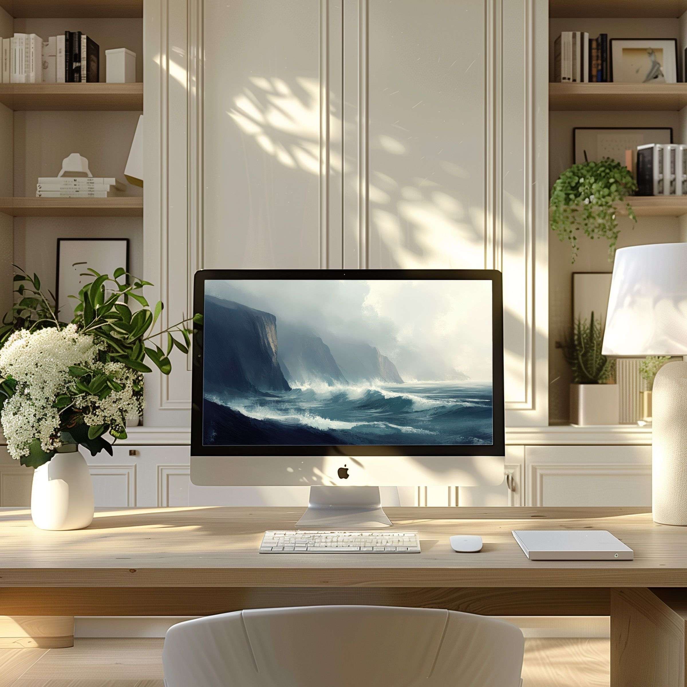 Elegant ocean landscape wallpaper for computer brings calm inspiration to your PC and laptop setup in a modern home office