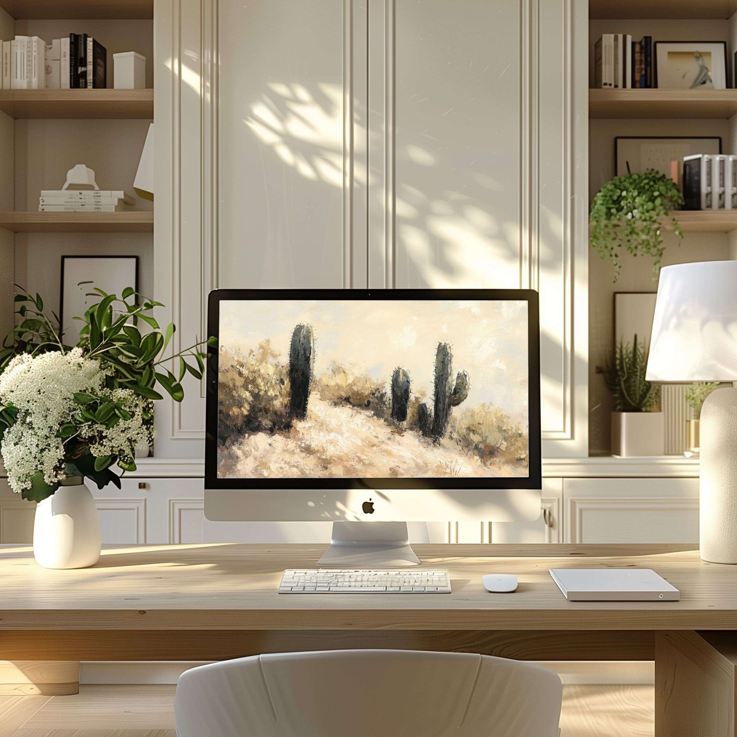 Elegant cactus-themed wallpaper for computer creates a serene atmosphere in a modern PC or laptop home office setup