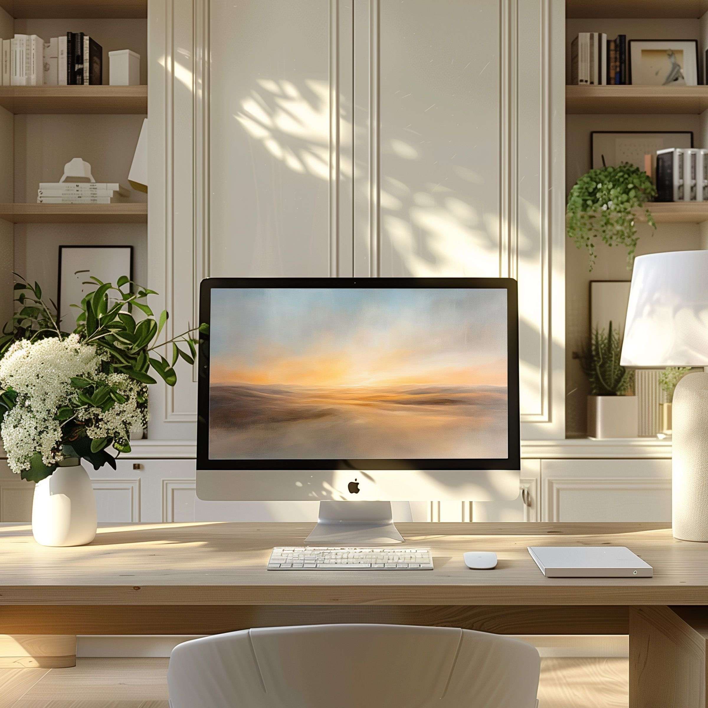 Serene digital art wallpaper for computer enhances modern home office elegance on PC and laptop inspiring calm and sustainability