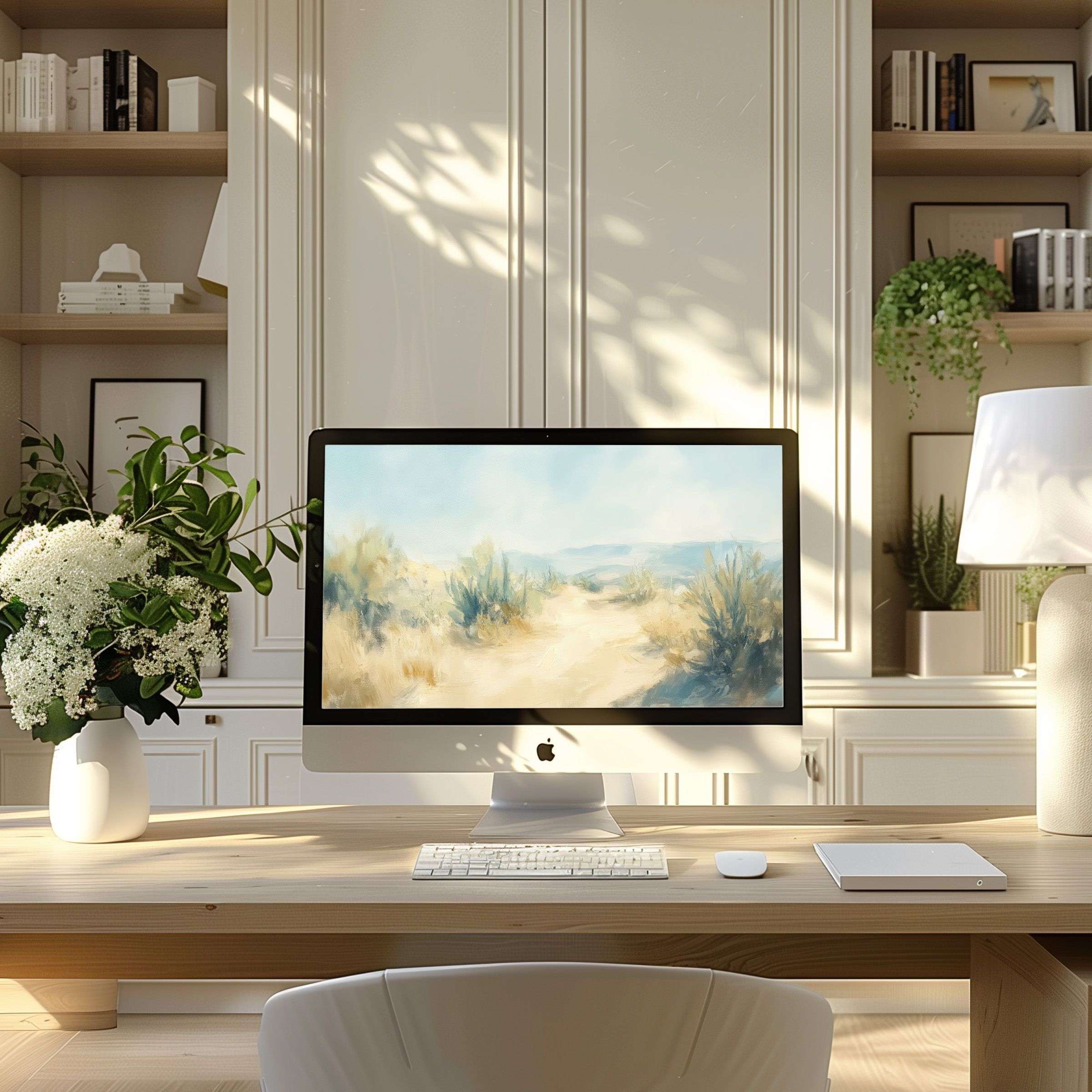 Elegant computer wallpaper art blends soothing hues on your PC or laptop screen, enhancing modern home office inspiration
