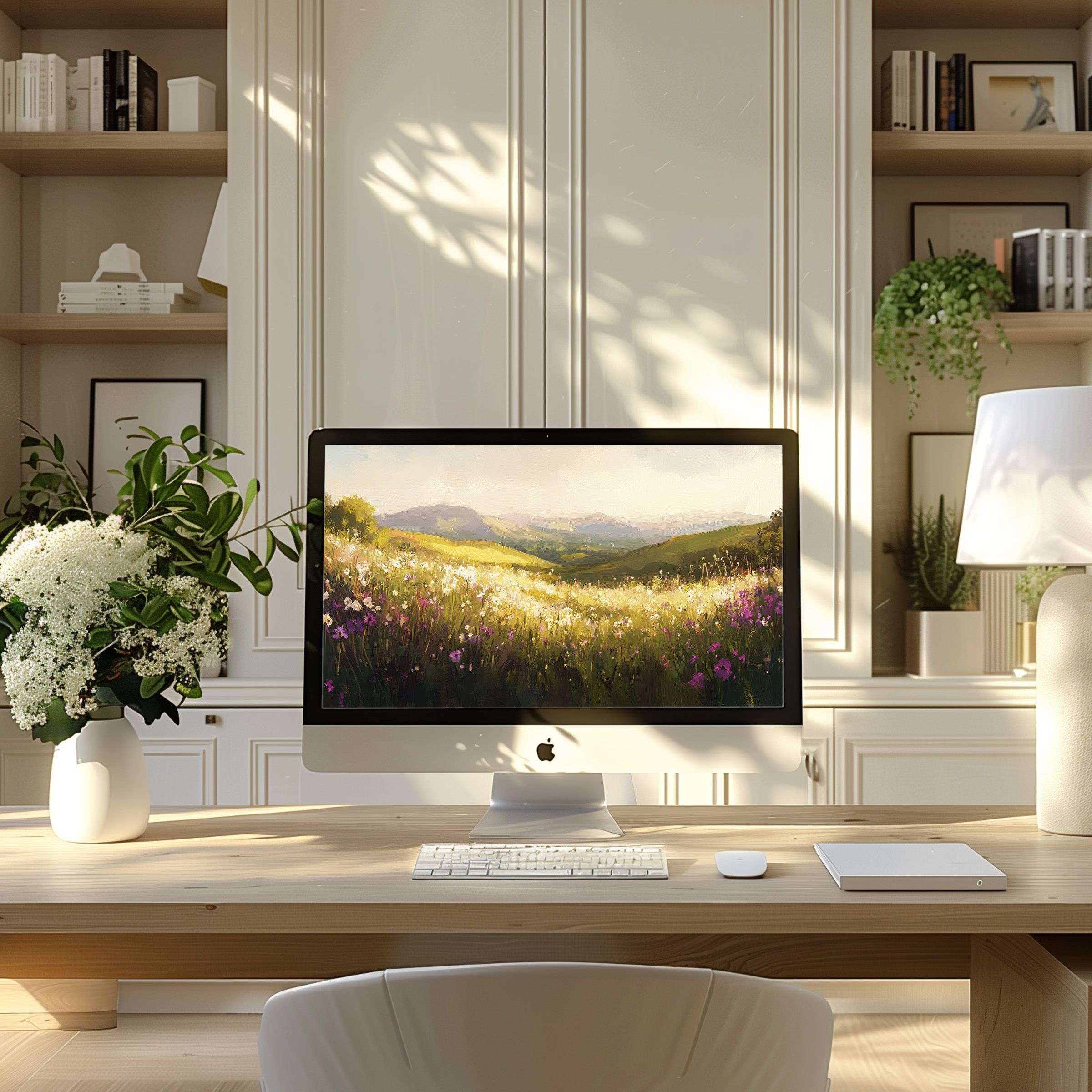 Elegant landscape wallpaper for computer; enhance calm home office with digital art for PC, laptop, ultrawide displays
