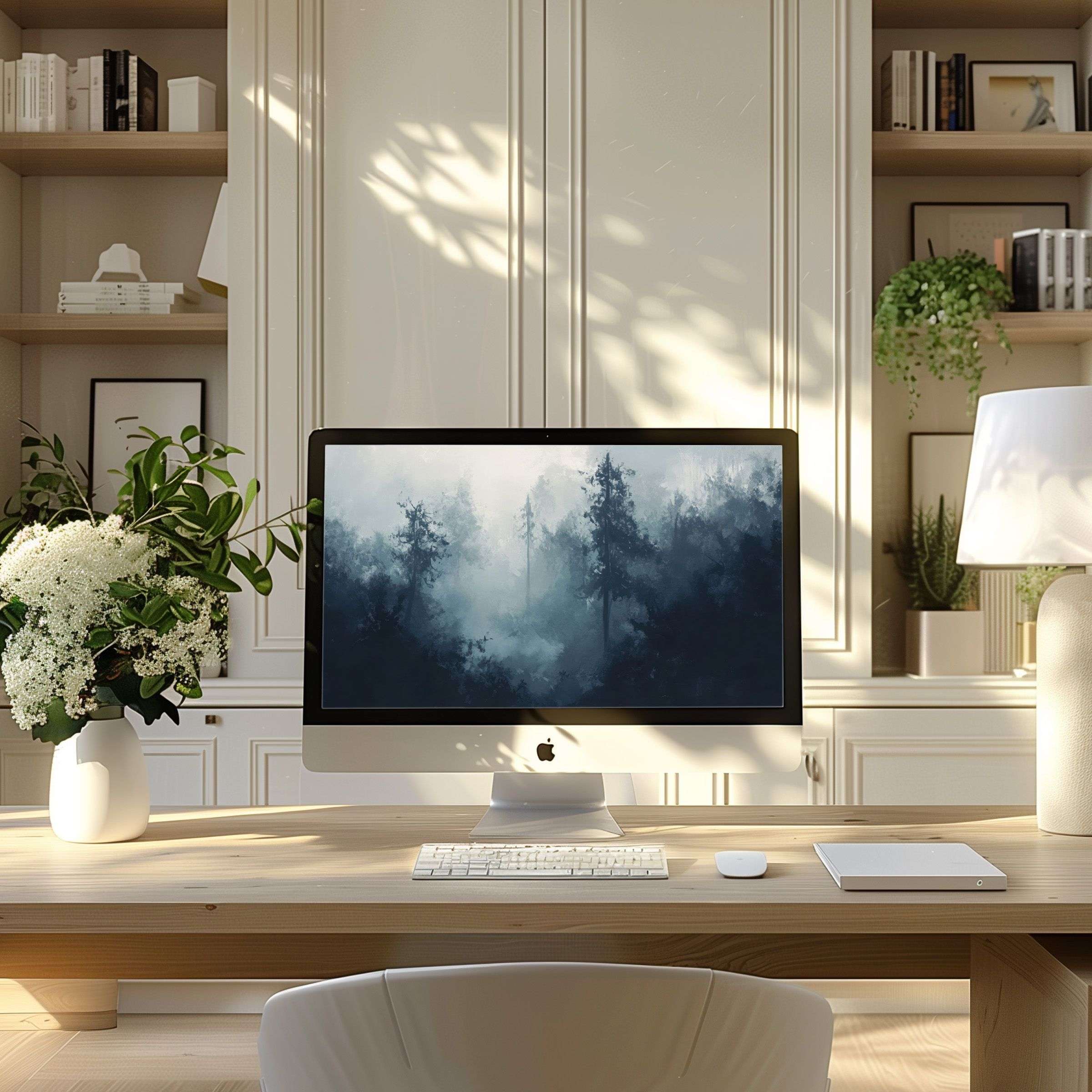 Foggy forest wallpaper for computer, perfect for PC or laptop, enhances modern home office with calm, elegant inspiration