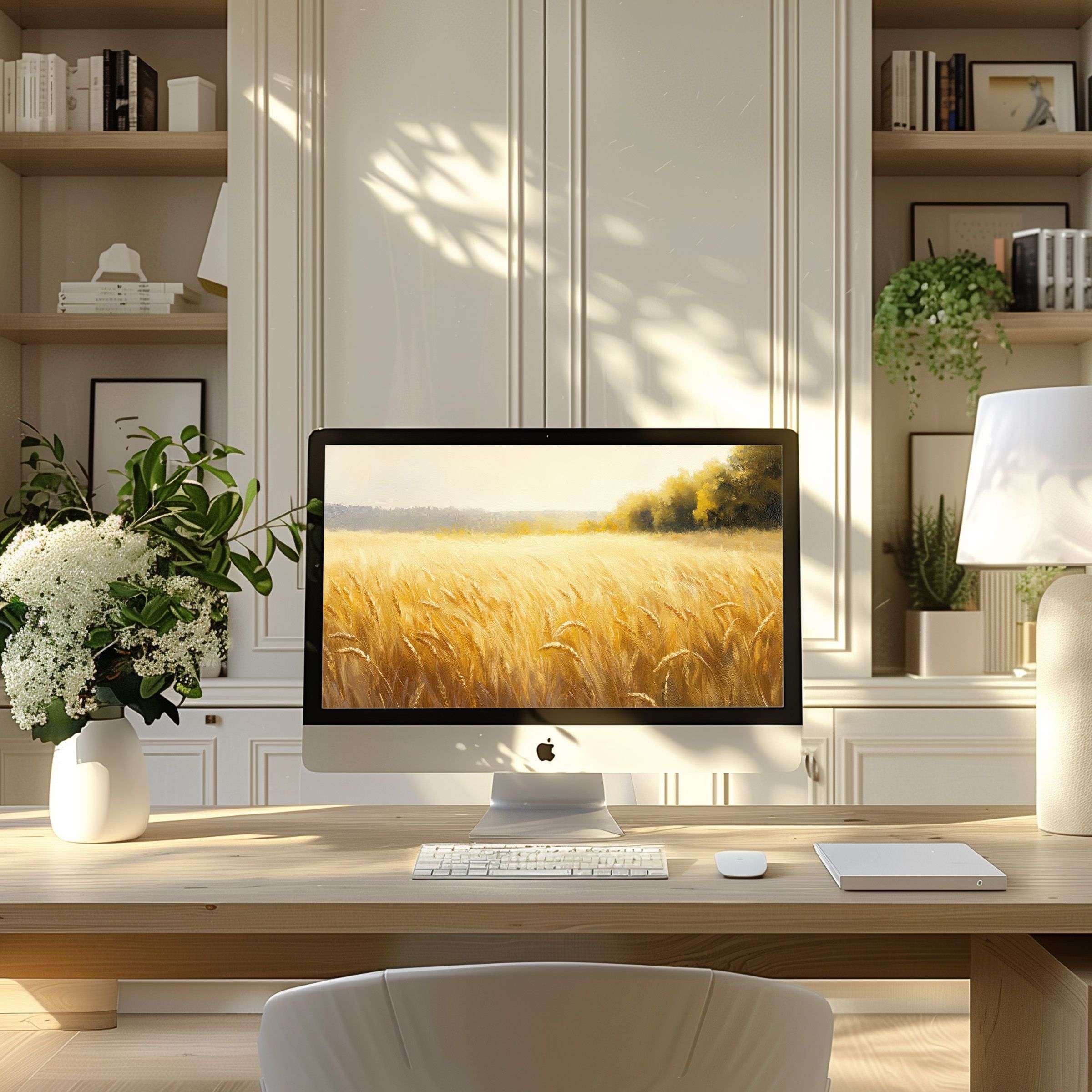 Golden field landscape as wallpaper for computer offers calm elegance on PC and laptop inspiring a modern home office space