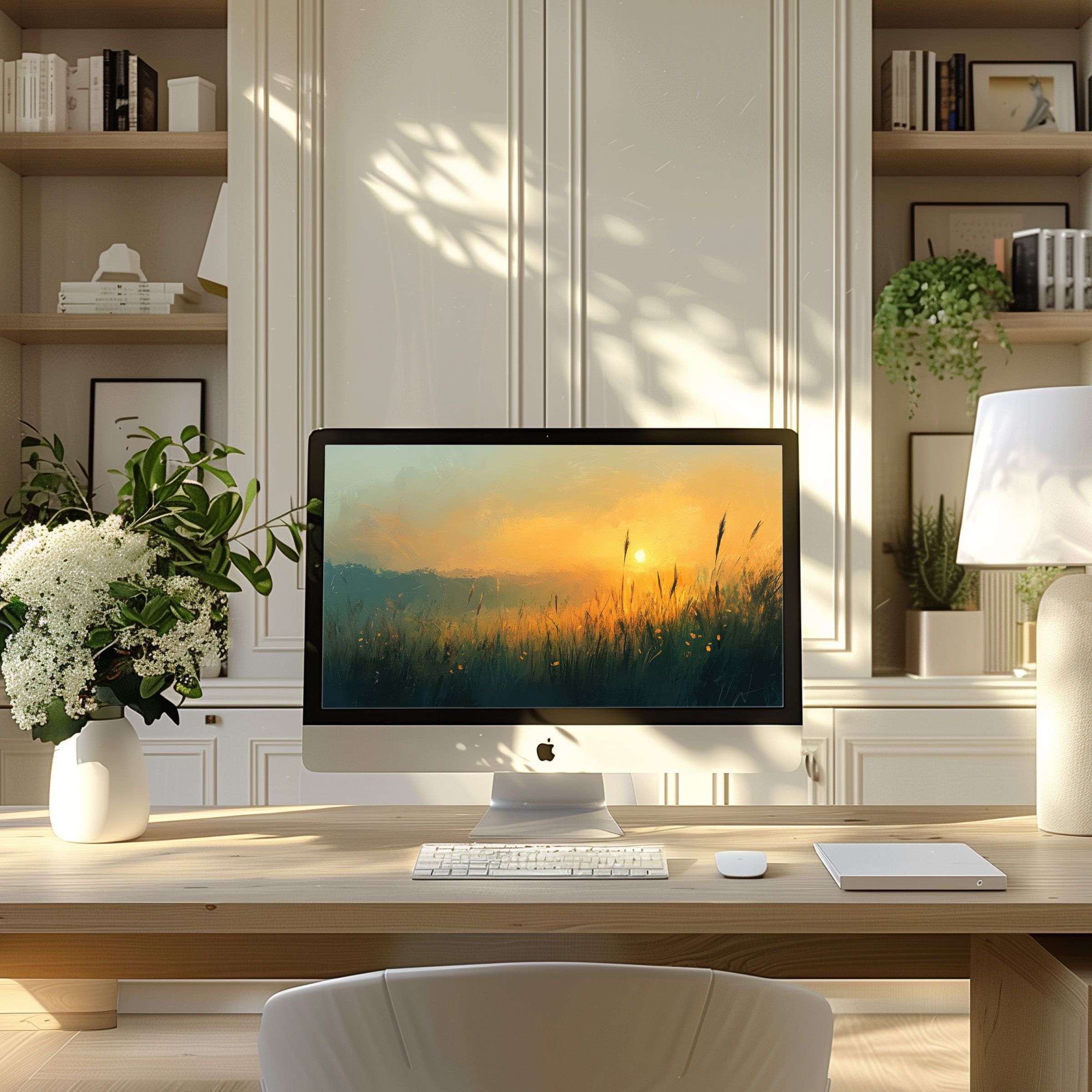 Inspiring sunset artwork as wallpaper for computer on a modern desk, perfect for PC or Laptop, adding elegance and calm