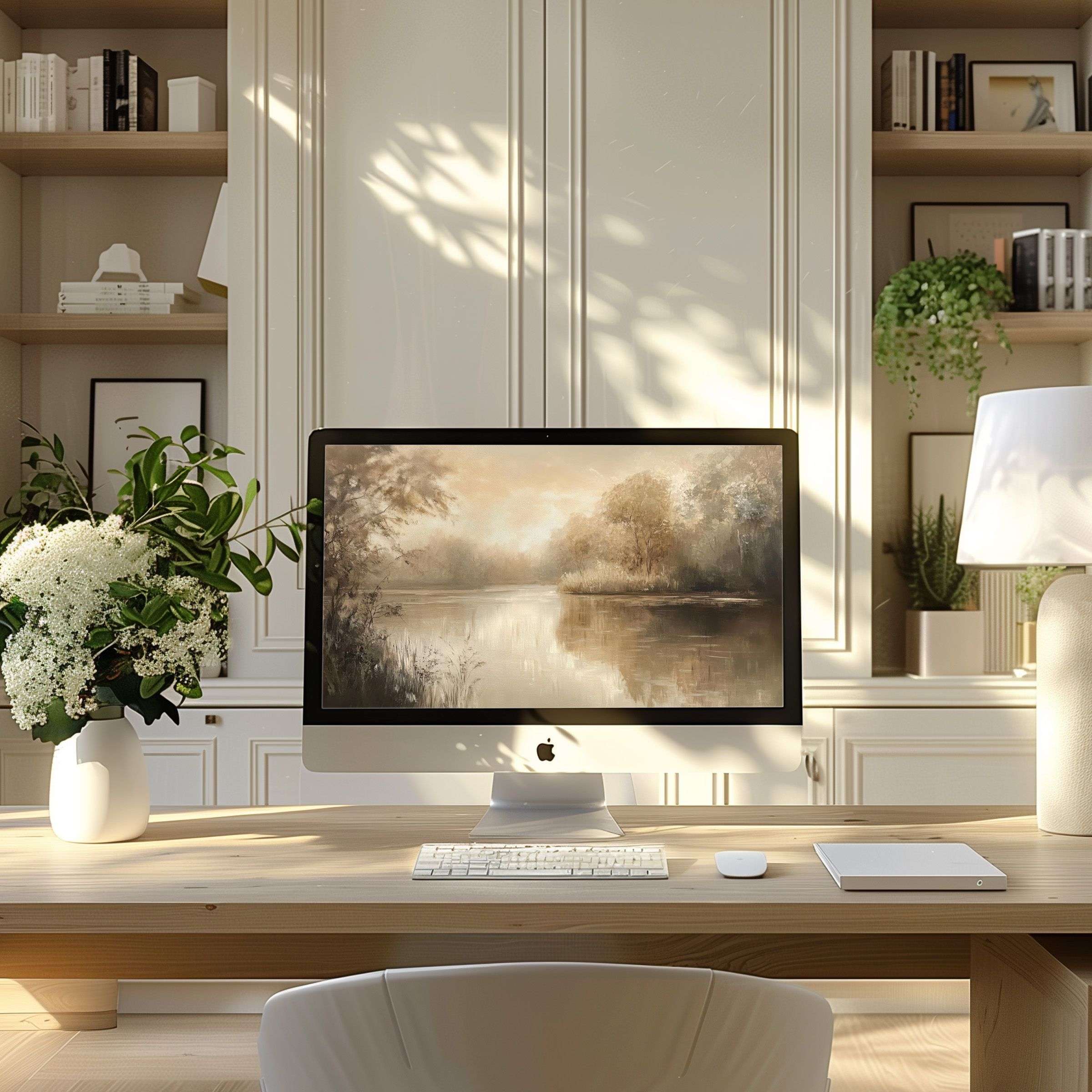 Elegant wallpaper for computer and laptop, showcasing a serene landscape, enhances calm and inspiration in modern home office settings