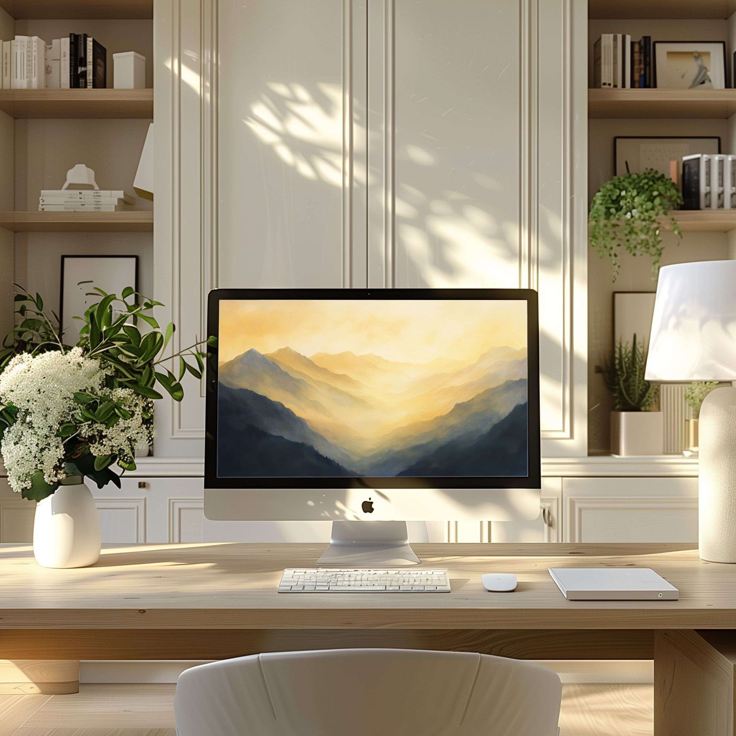 Elegant digital mountain art creates a calm workspace ambiance, perfect wallpaper for computer, PC, or laptop download