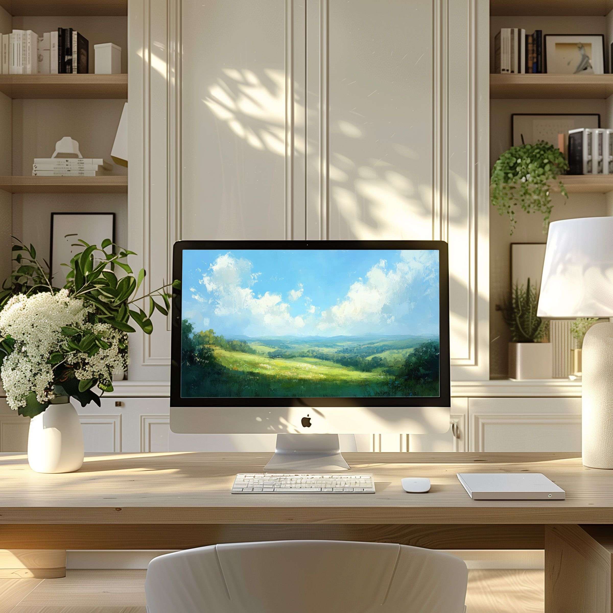 Serene landscape wallpaper for computer inspires calm elegance in modern home office fits PC, laptop, ultrawide digital download