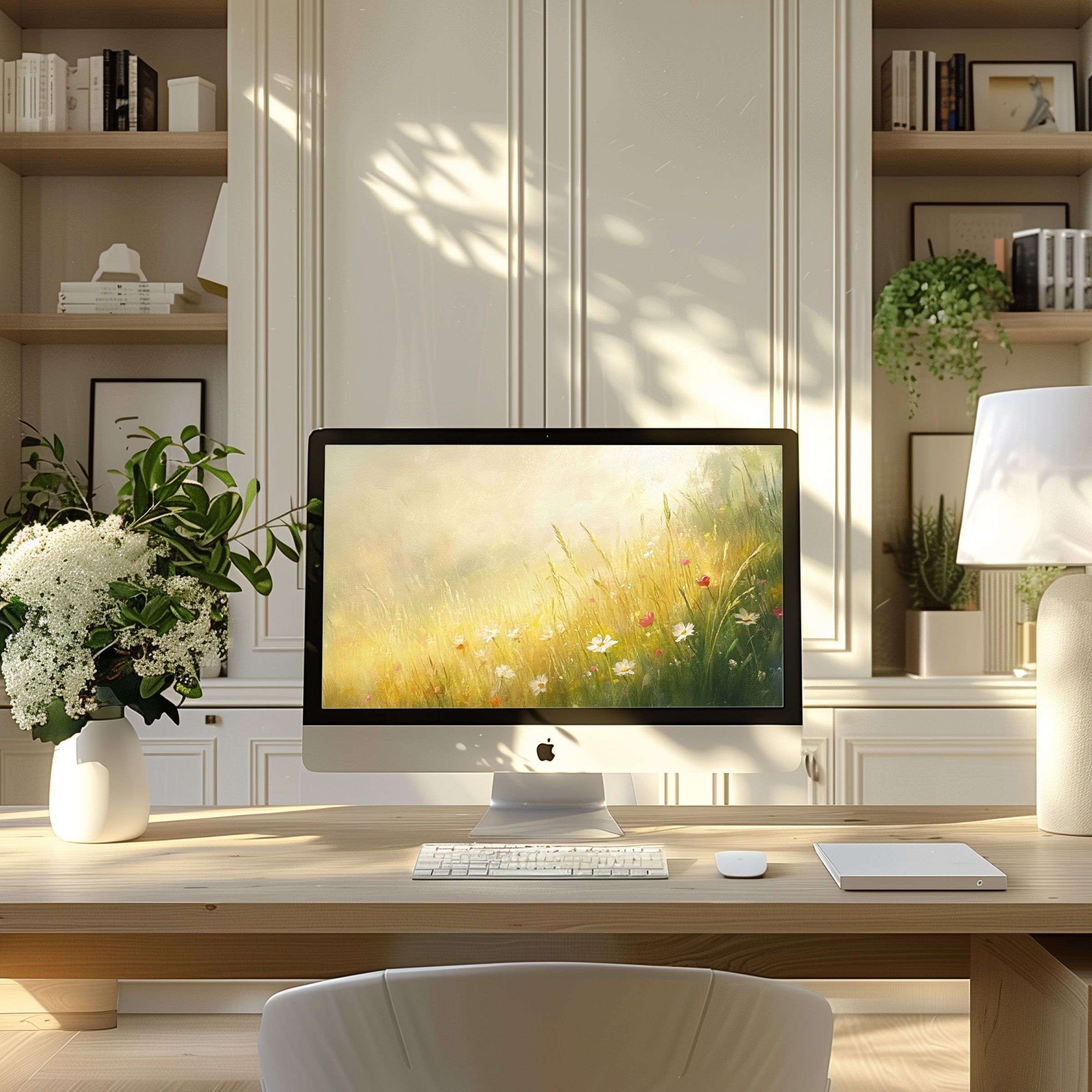Elegant flower field artwork as wallpaper for computer in a serene home office setting ideal for PC and laptop displays