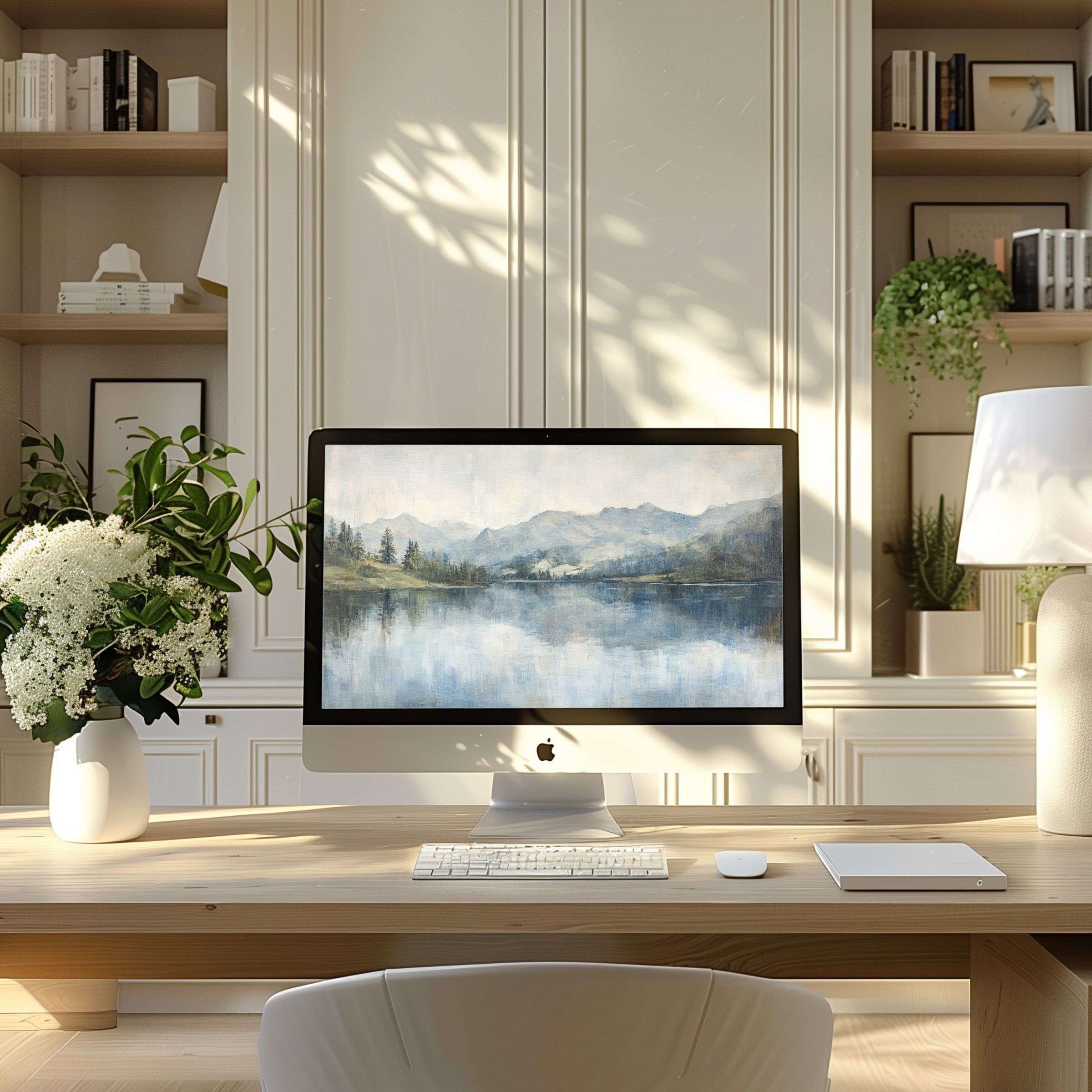 Inspiring mountain landscape artwork as wallpaper for computer adds calm elegance to modern home office on PC or laptop display
