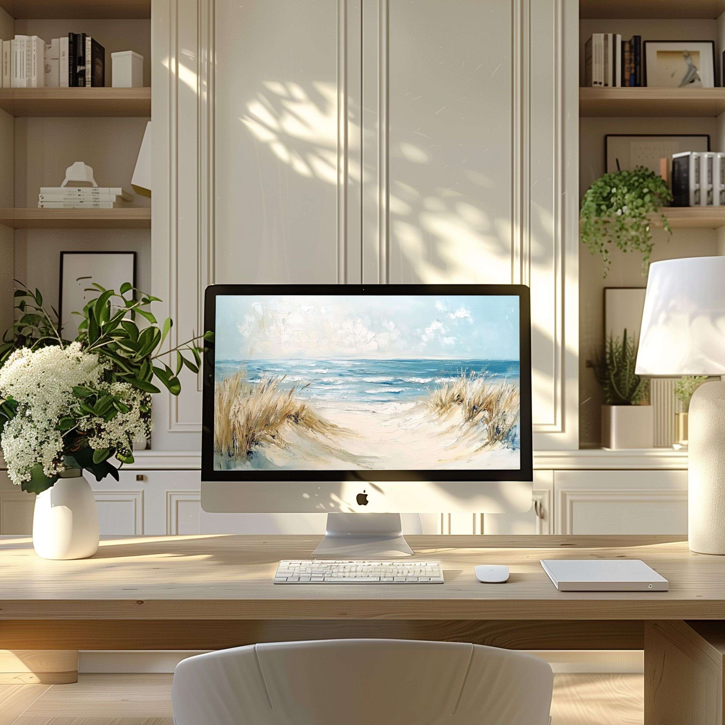 Elegant coastal art wallpaper for computer provides calm inspiration for modern PC or laptop setups in serene home offices