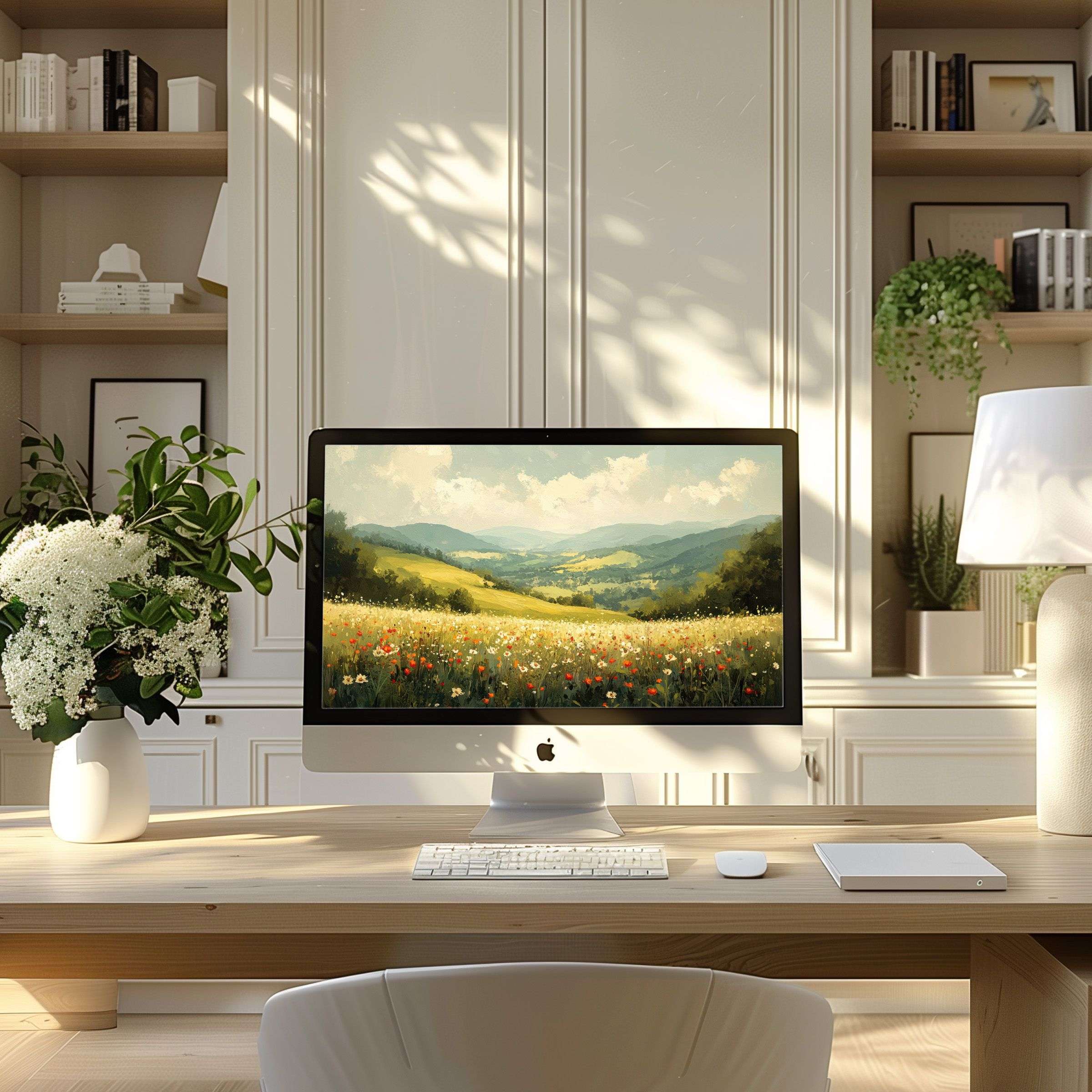 Inspire elegance with a serene landscape wallpaper for computer, perfect for PC and laptop in a modern tranquil home office ambiance