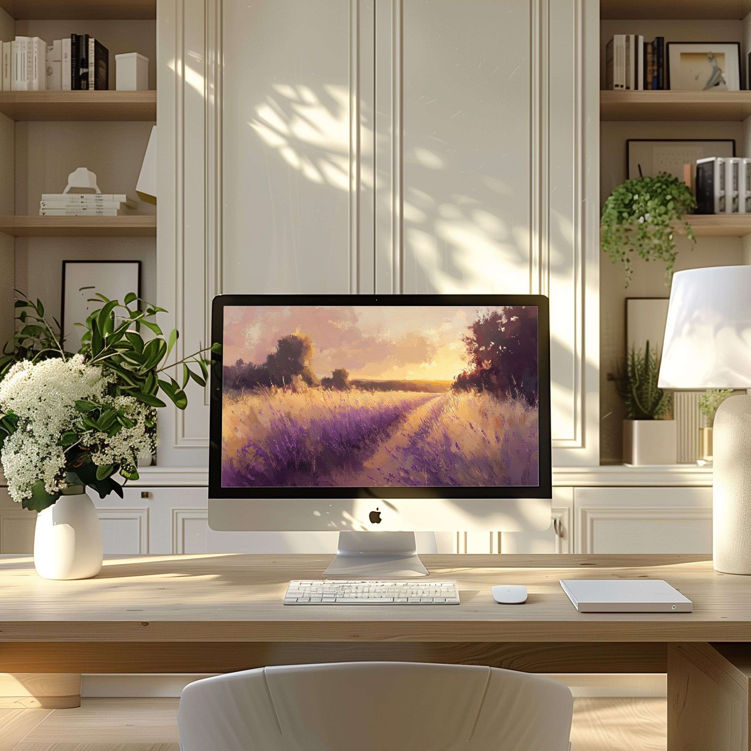Elegant sunset field digital art wallpaper for computer, PC, and laptop inspires calm in a modern home office setting