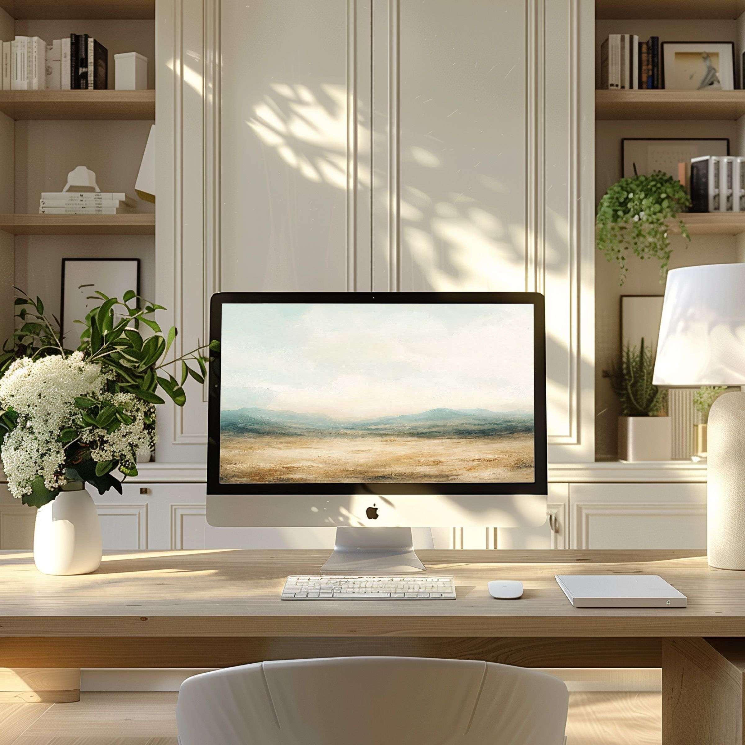 Elegant abstract landscape wallpaper for computer and PC inspires calm in a modern home office setting, ideal for laptops