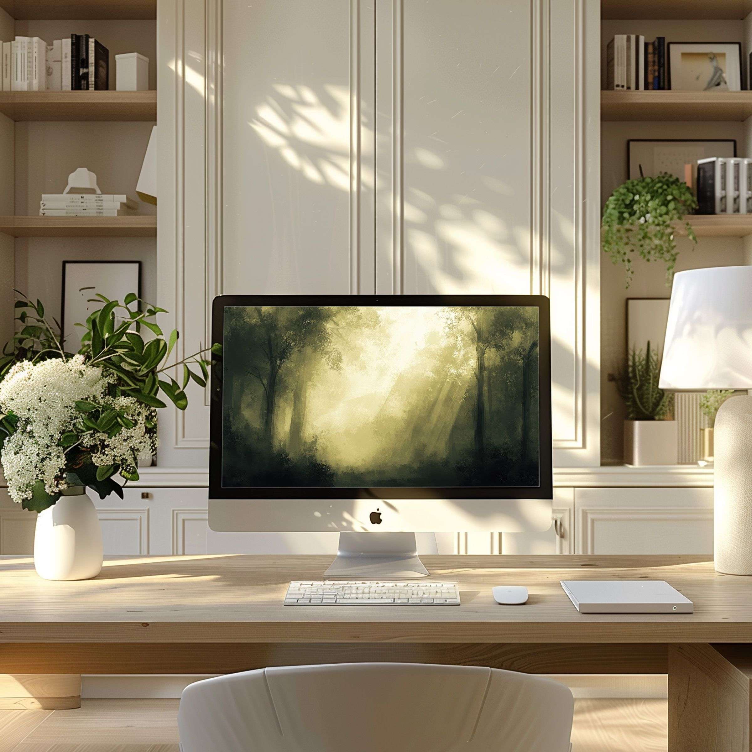 Inspire tranquility with this elegant forest scene wallpaper for computer, ideal for PC or laptop in a modern home office setting