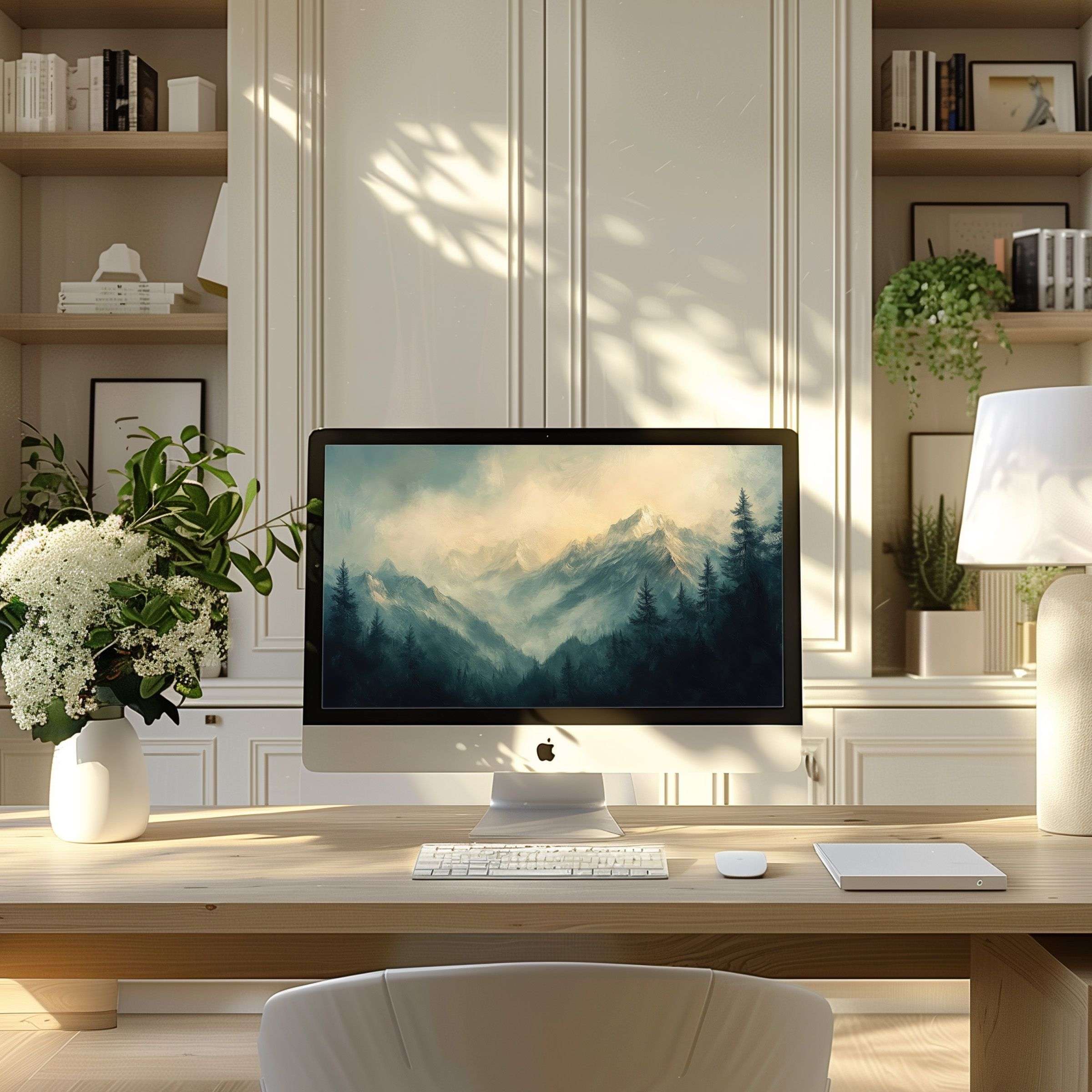 Elegant forest and mountain digital art wallpaper for computer, PC, and laptop inspires a calm, modern home office environment