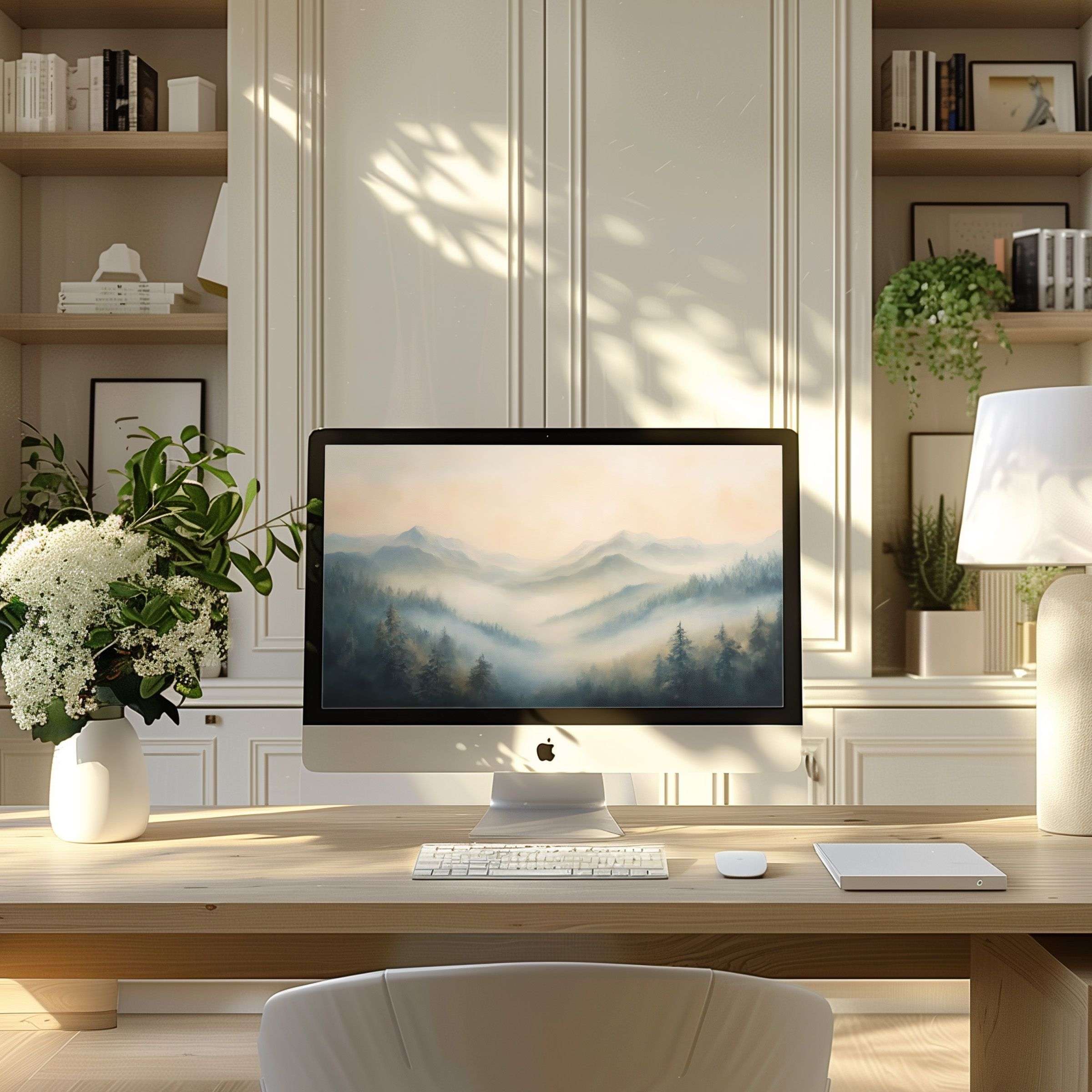 Serene mountain landscape wallpaper for computer elevates your modern home office on PC or Laptop inspiring calm and elegance
