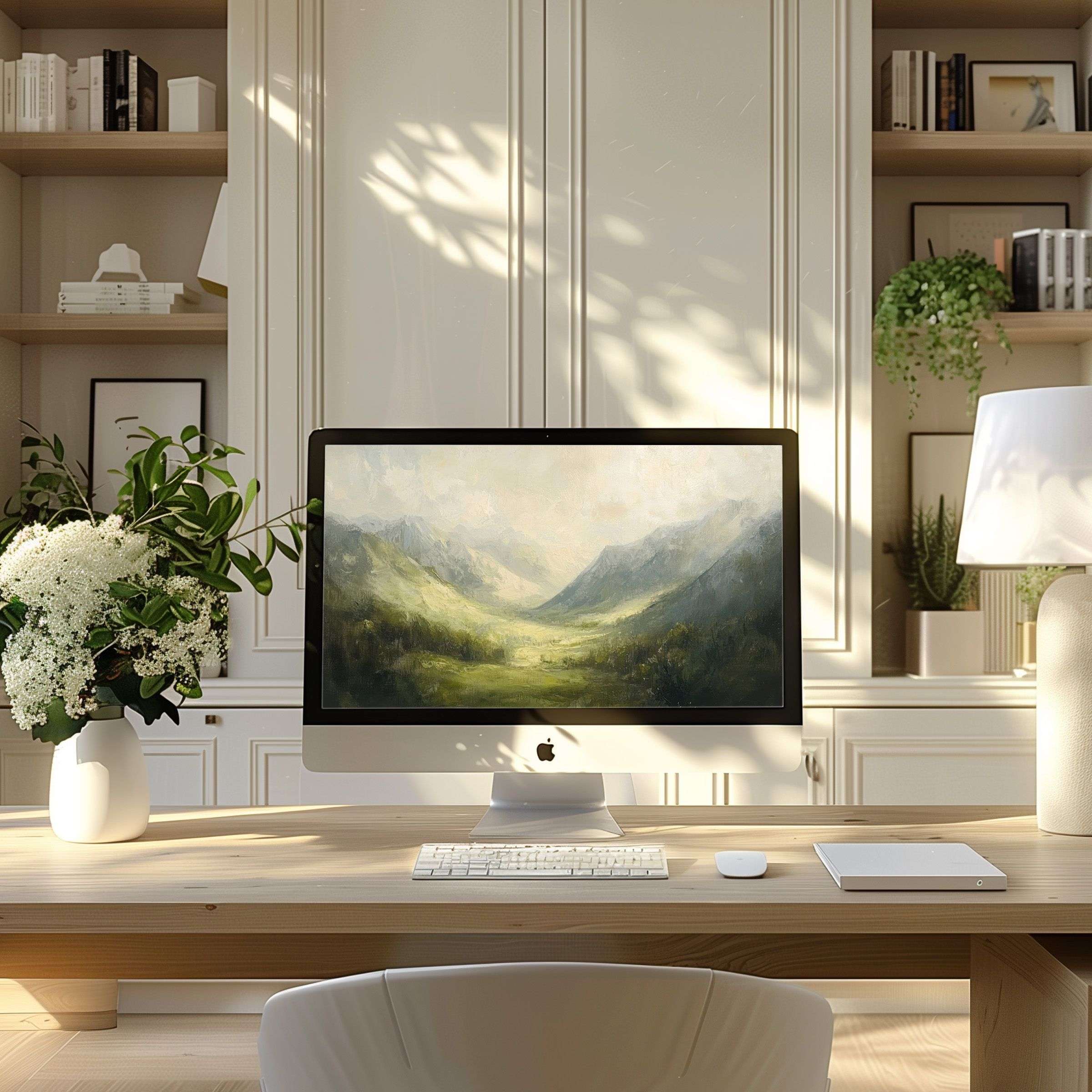 Elegant mountain landscape wallpaper for computer on PC and laptop offers calm and inspiration for your modern home office setup