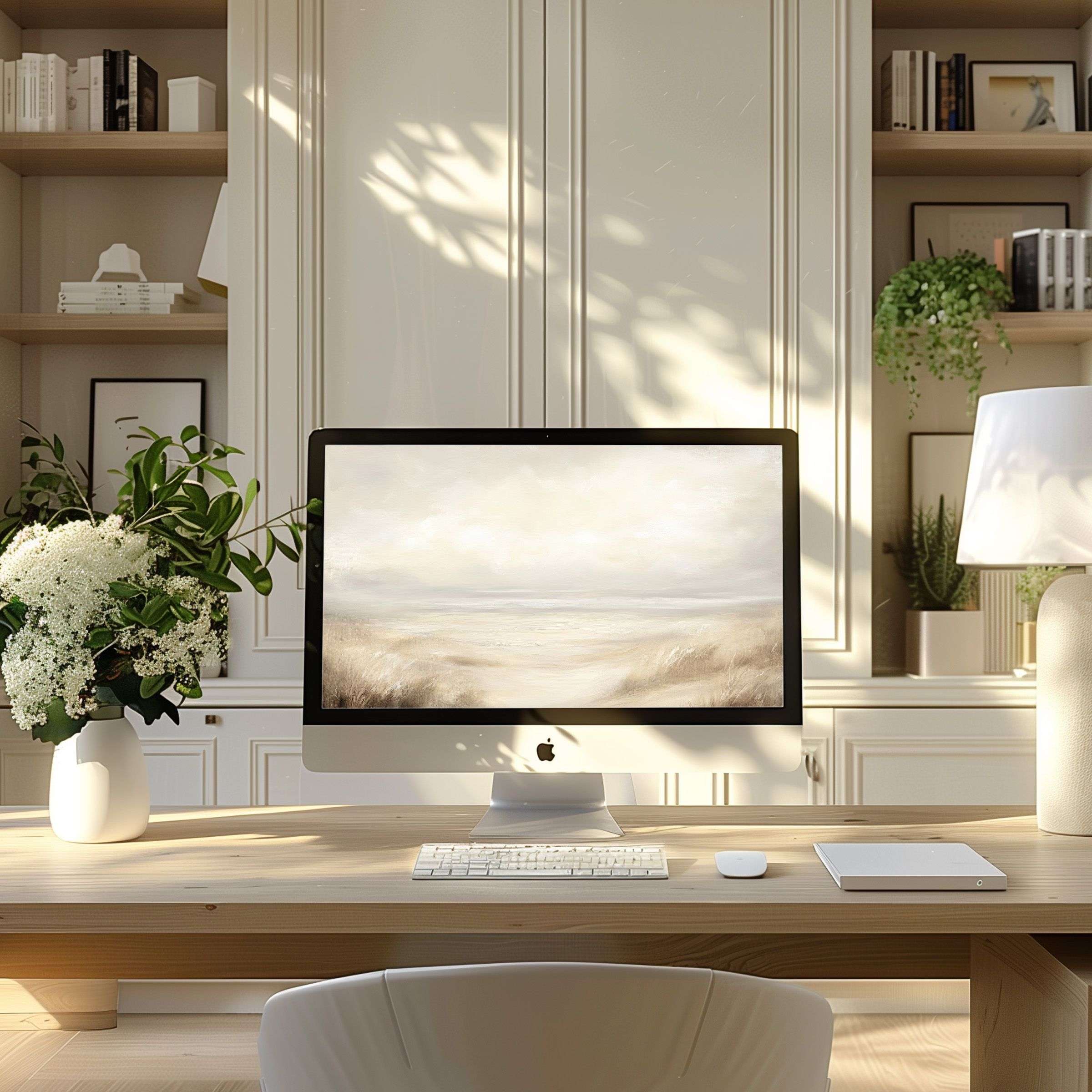 Elegant wallpaper for computer and laptop featuring soft neutral tones inspires calm in a modern home office setting perfect for PC use