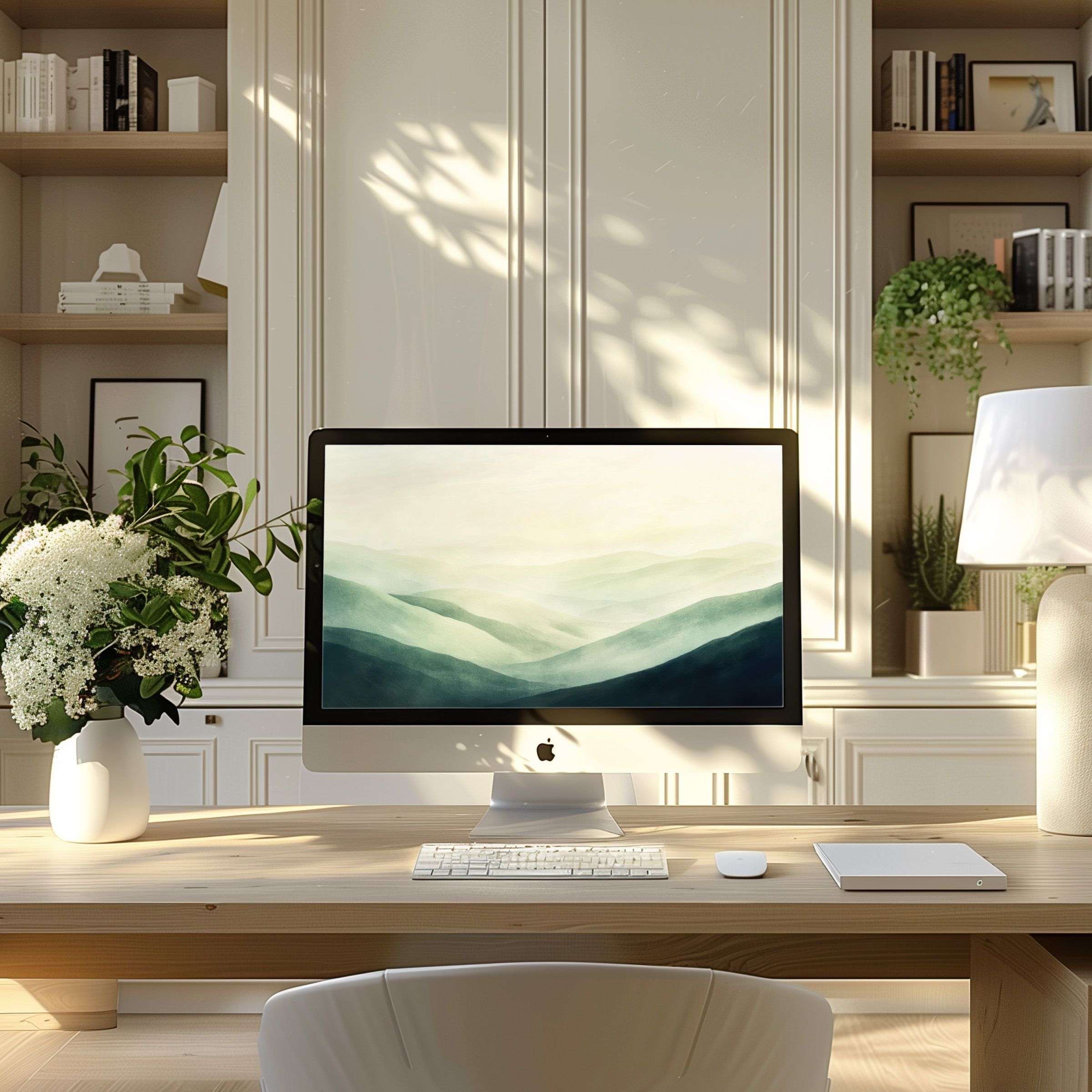 Elegant mountain-themed wallpaper for computer provides calm inspiration on PC, laptop in a modern home office setting