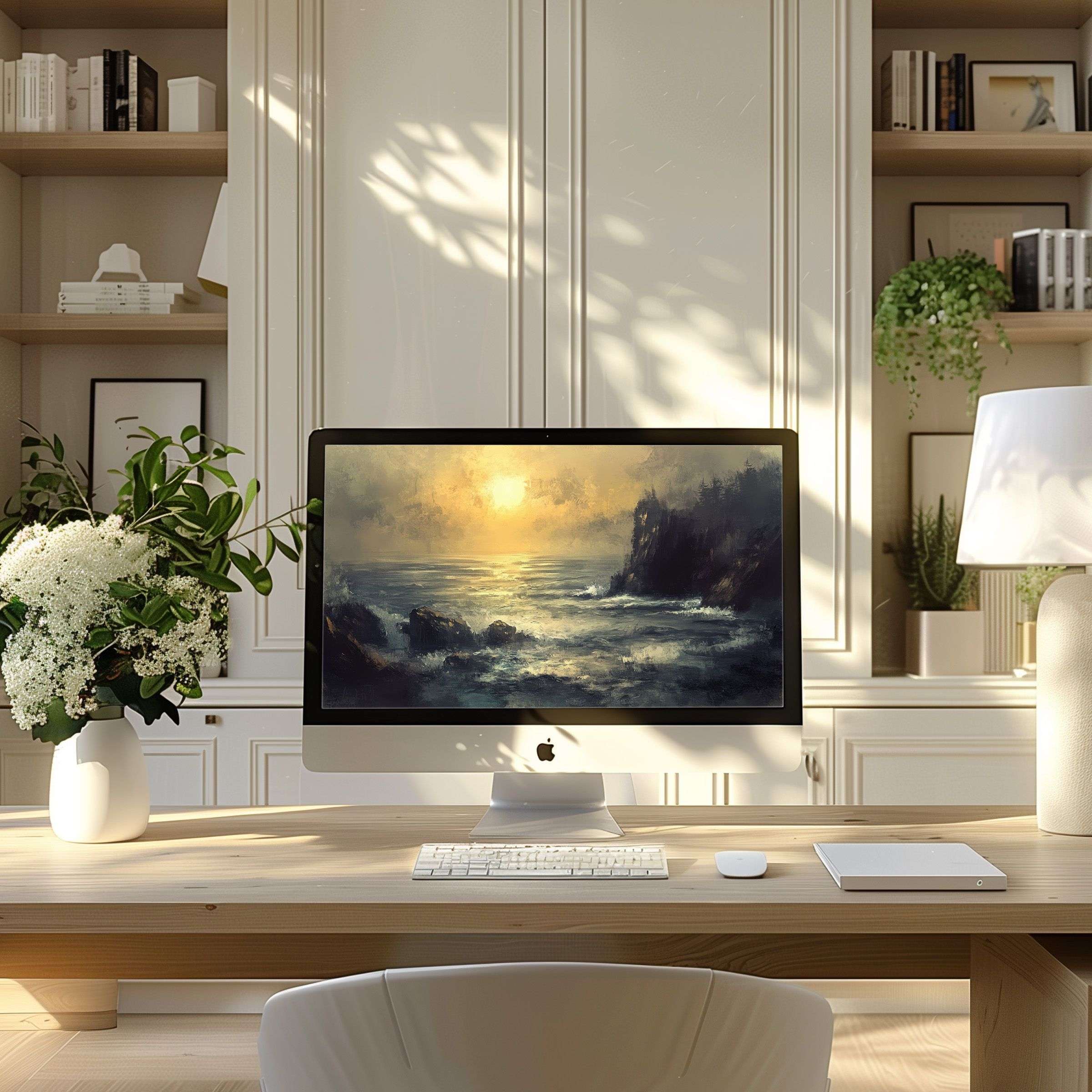 Elegant seascape wallpaper for computer brings calm inspiration to modern home office fits PC laptop ultrawide digital download
