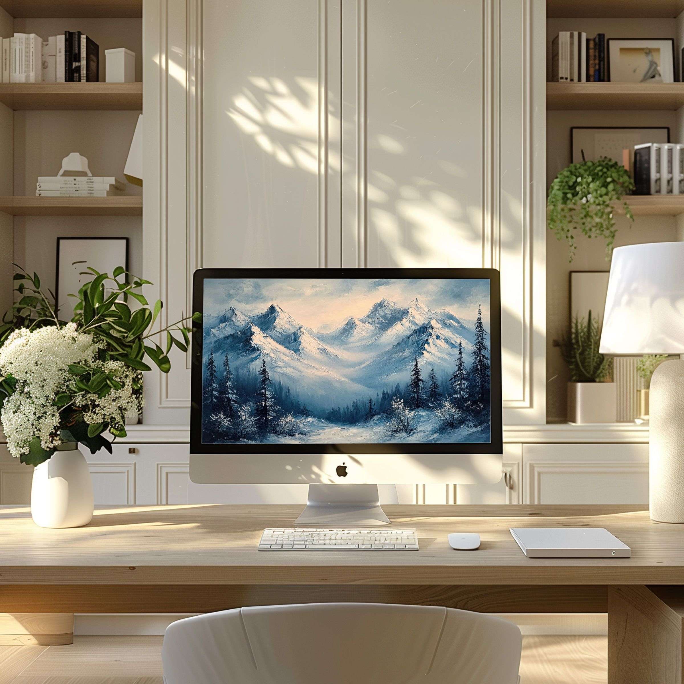 Wallpapers for computer on this elegant PC and laptop, featuring calming snowy mountains in a modern, serene home office setting