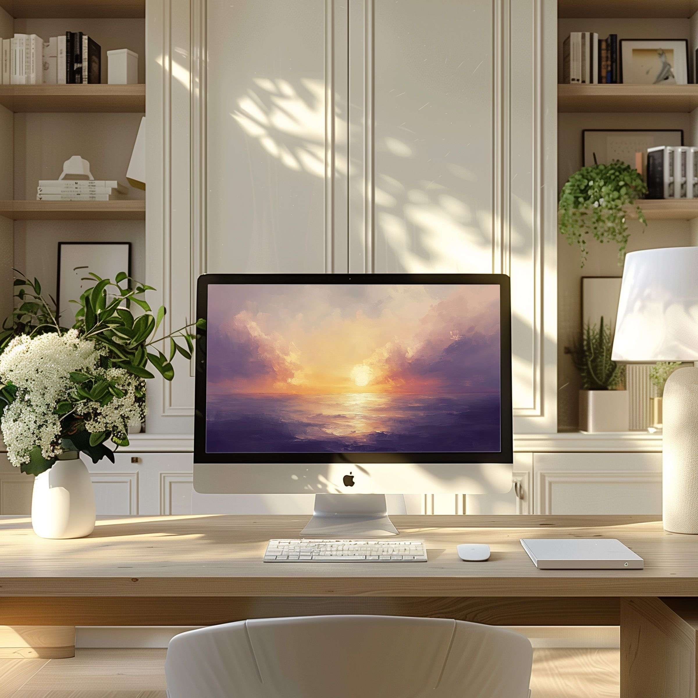 Elegant sunset digital art evokes calm, perfect as a wallpaper for computer, PC, or laptop in a serene modern home office setting
