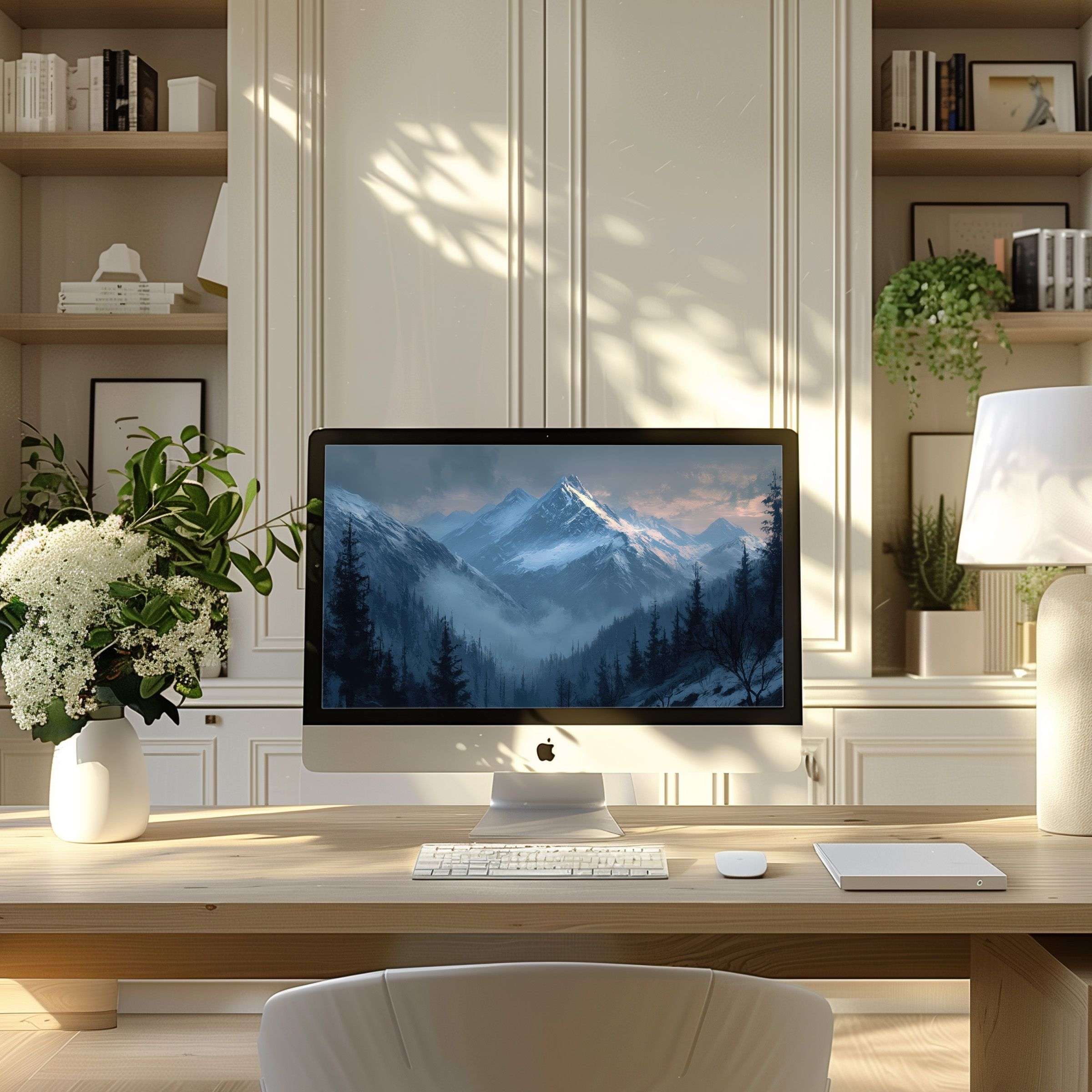 Elegant mountain landscape wallpaper for computer inspiring calm and sophistication perfect for PC and laptop digital download