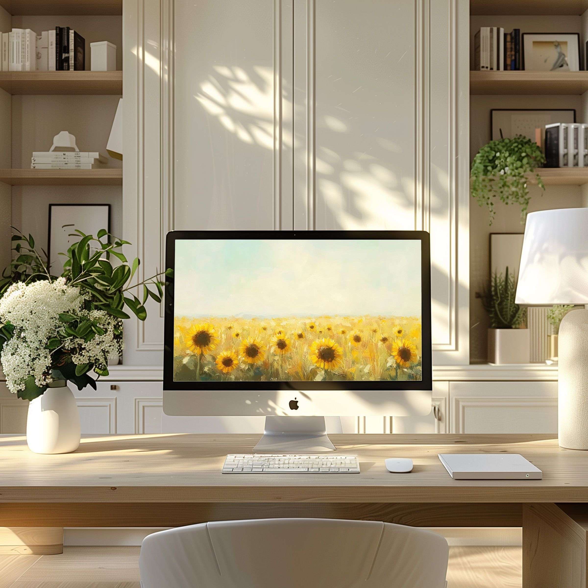 Sunflower field digital art wallpaper for computer, perfect for PC or laptop in a serene, elegant home office setting