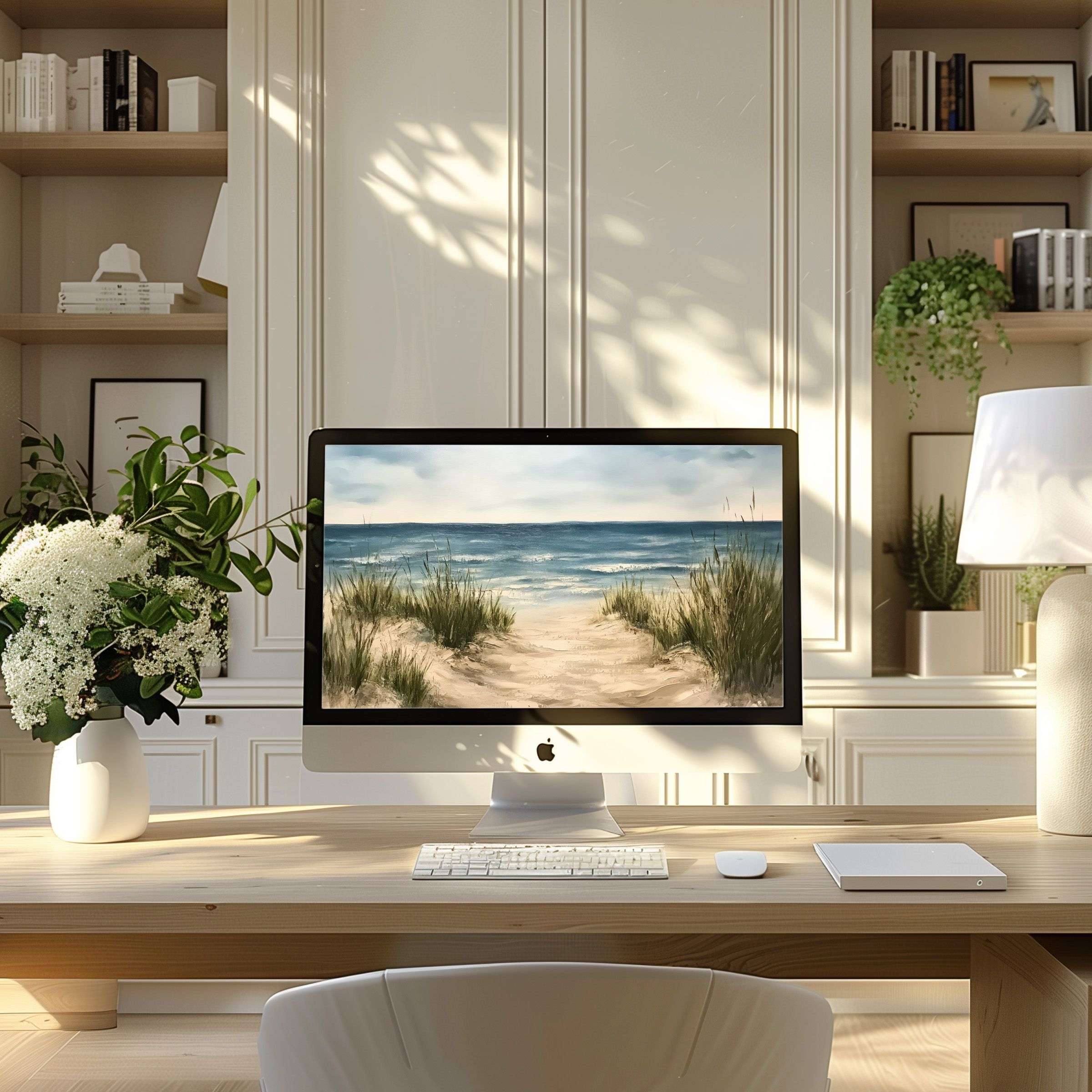 Calm and elegant wallpaper for computer with serene beach scene perfect for PC and Laptop in a modern, aesthetic home office setting