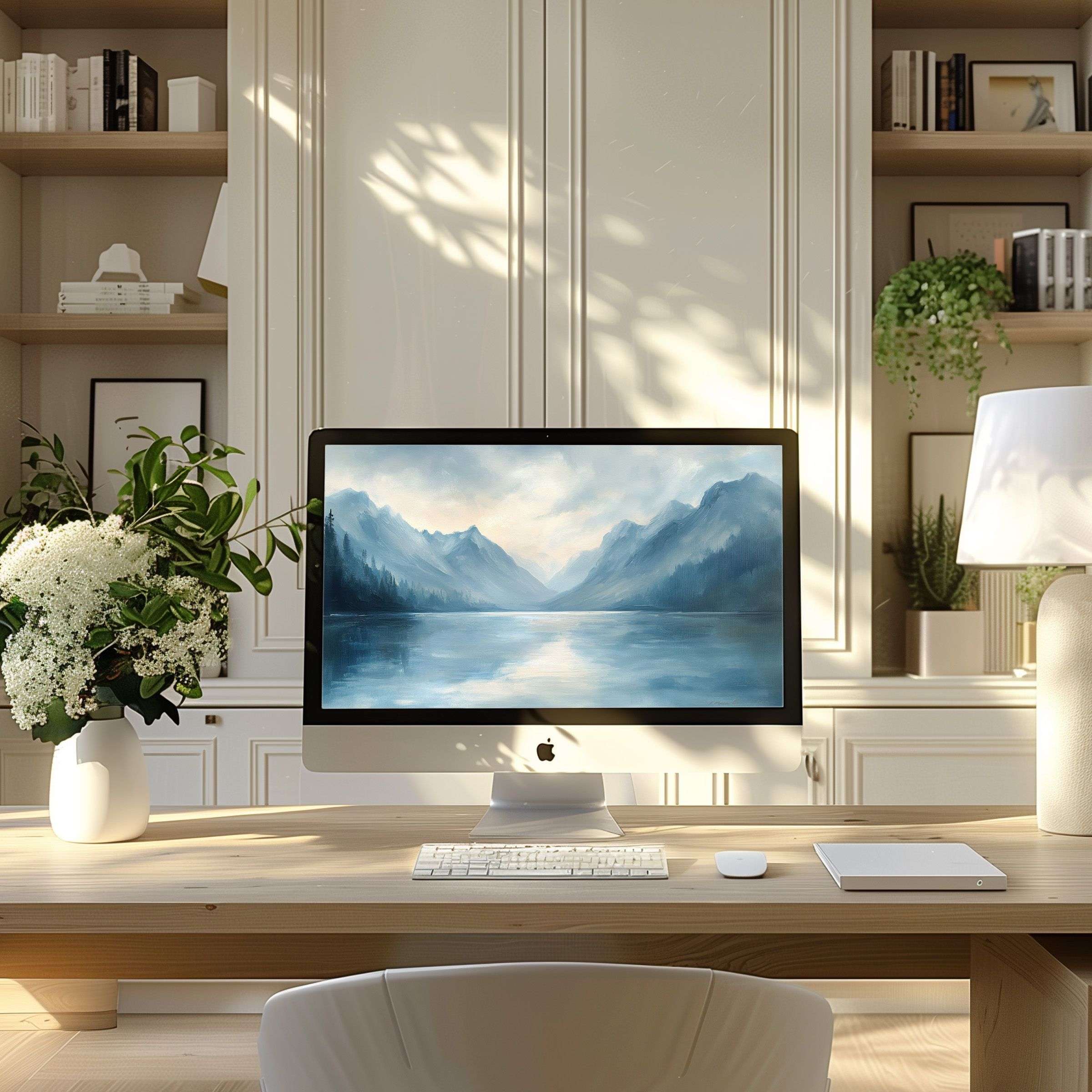 Elegant mountain landscape wallpaper for computer inspires calm in modern home office setting; ideal for PC or laptop download