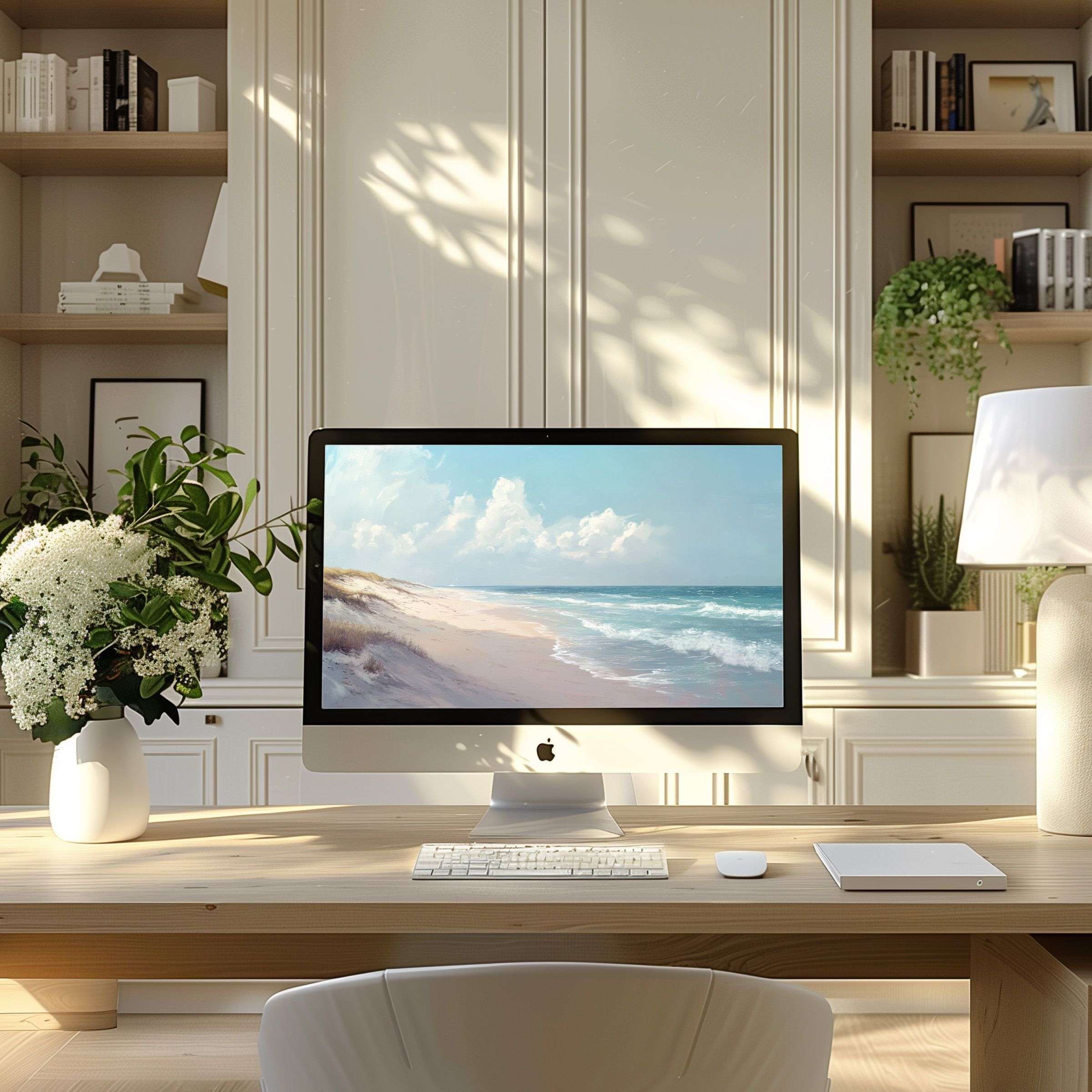 Calming seascape wallpaper for computer in a modern home office setting offers elegance and inspiration for PC and laptop users