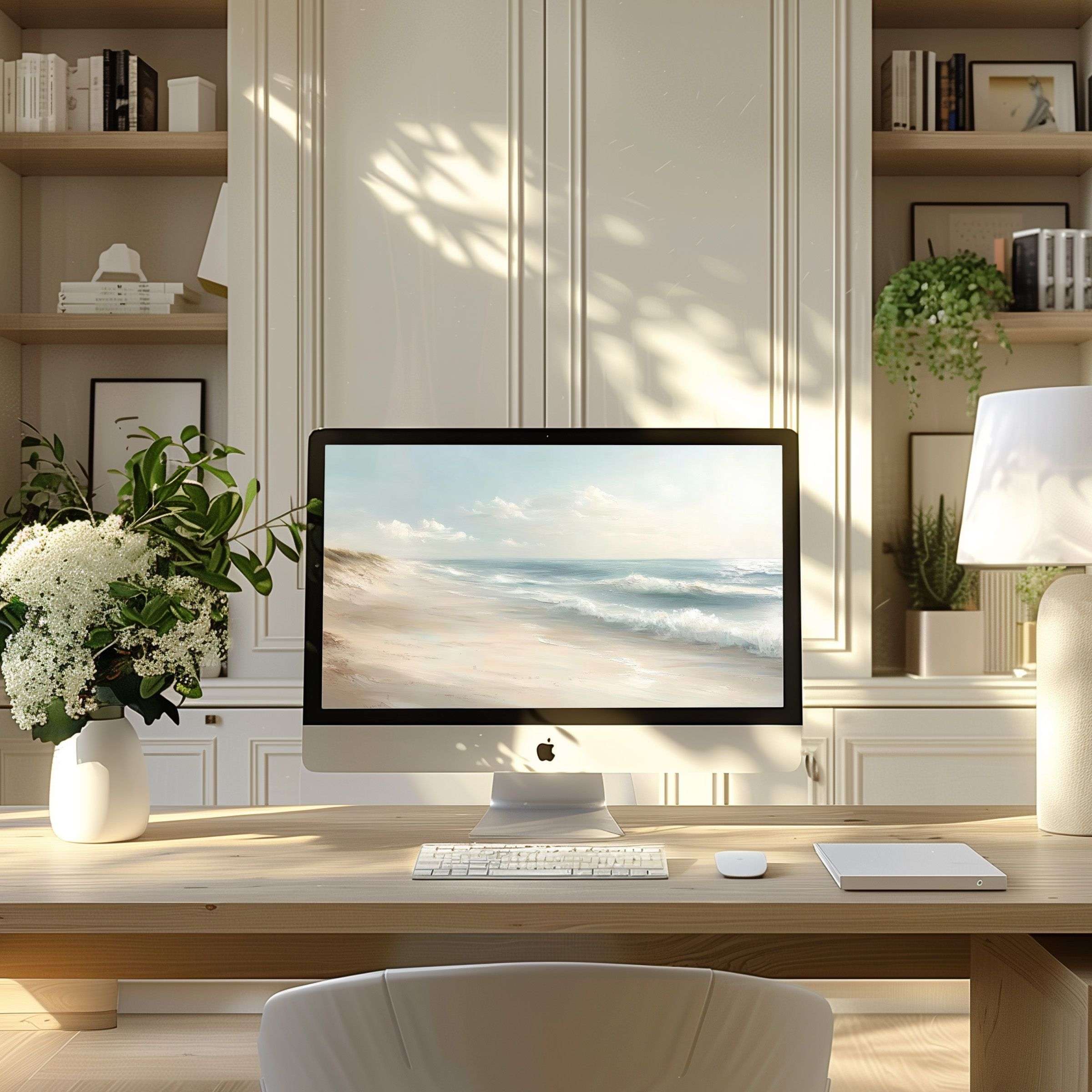 Elegant beach scene wallpaper for computer offers calm inspiration for PC or laptop use, perfect for modern home office decor
