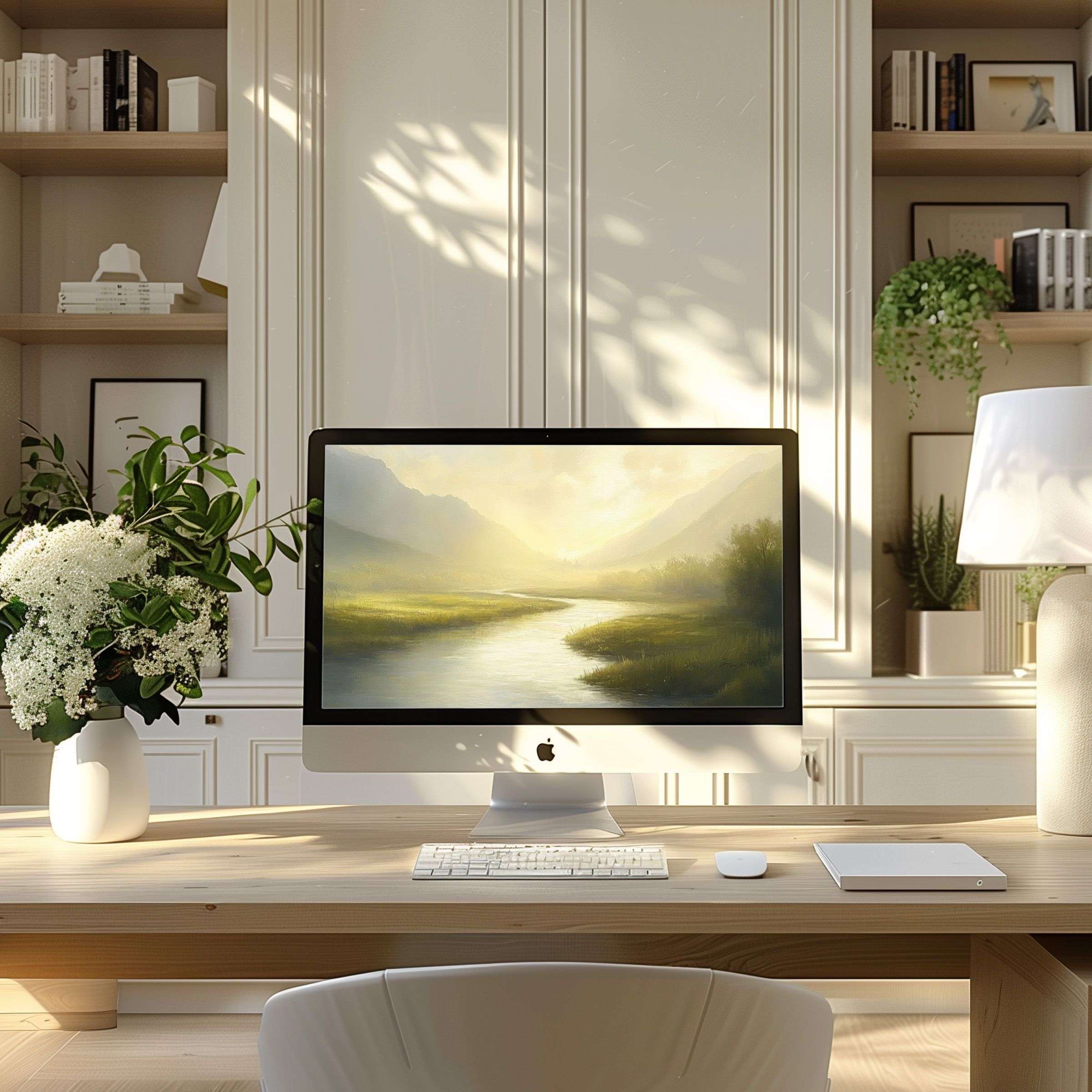 Elegant landscape wallpaper for computer adds calm inspiration to any modern home office, perfect for PC, laptop, ultrawide display