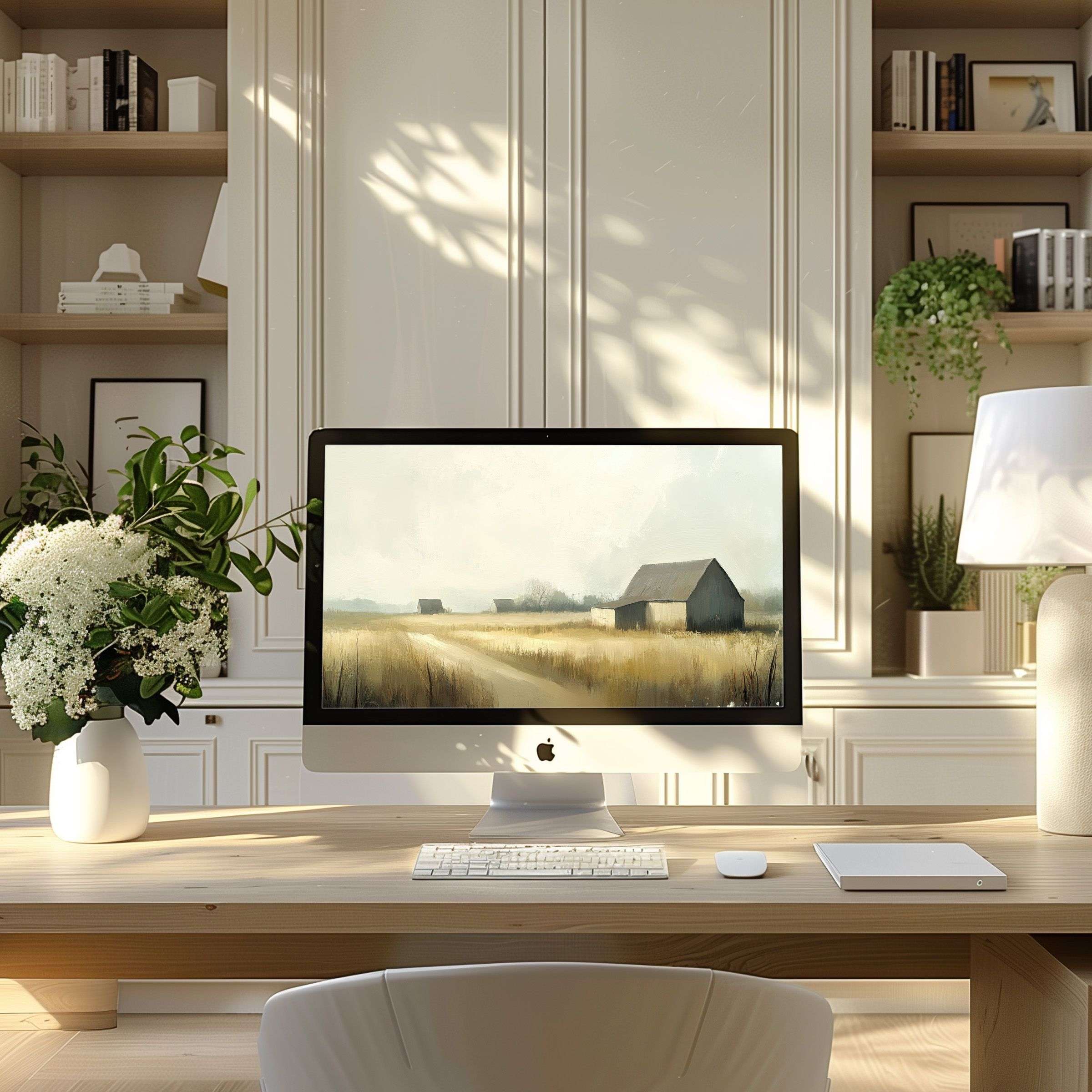 Elegant wallpaper for computer with serene countryside painting enhances your modern home office for PC, laptop, or ultrawide