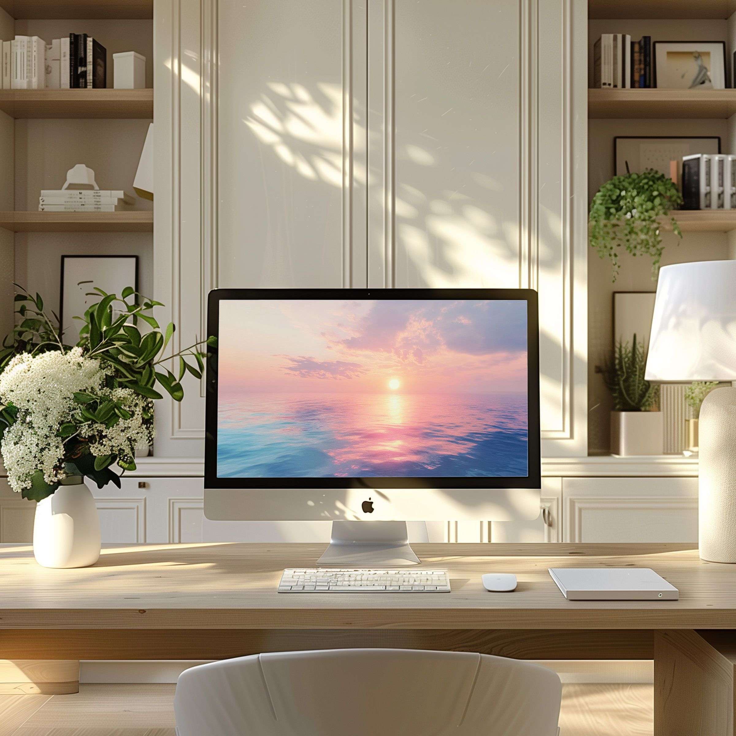 Elegant ocean sunset wallpaper for computer in serene home office setting, ideal for PC, laptop, ultrawide digital download