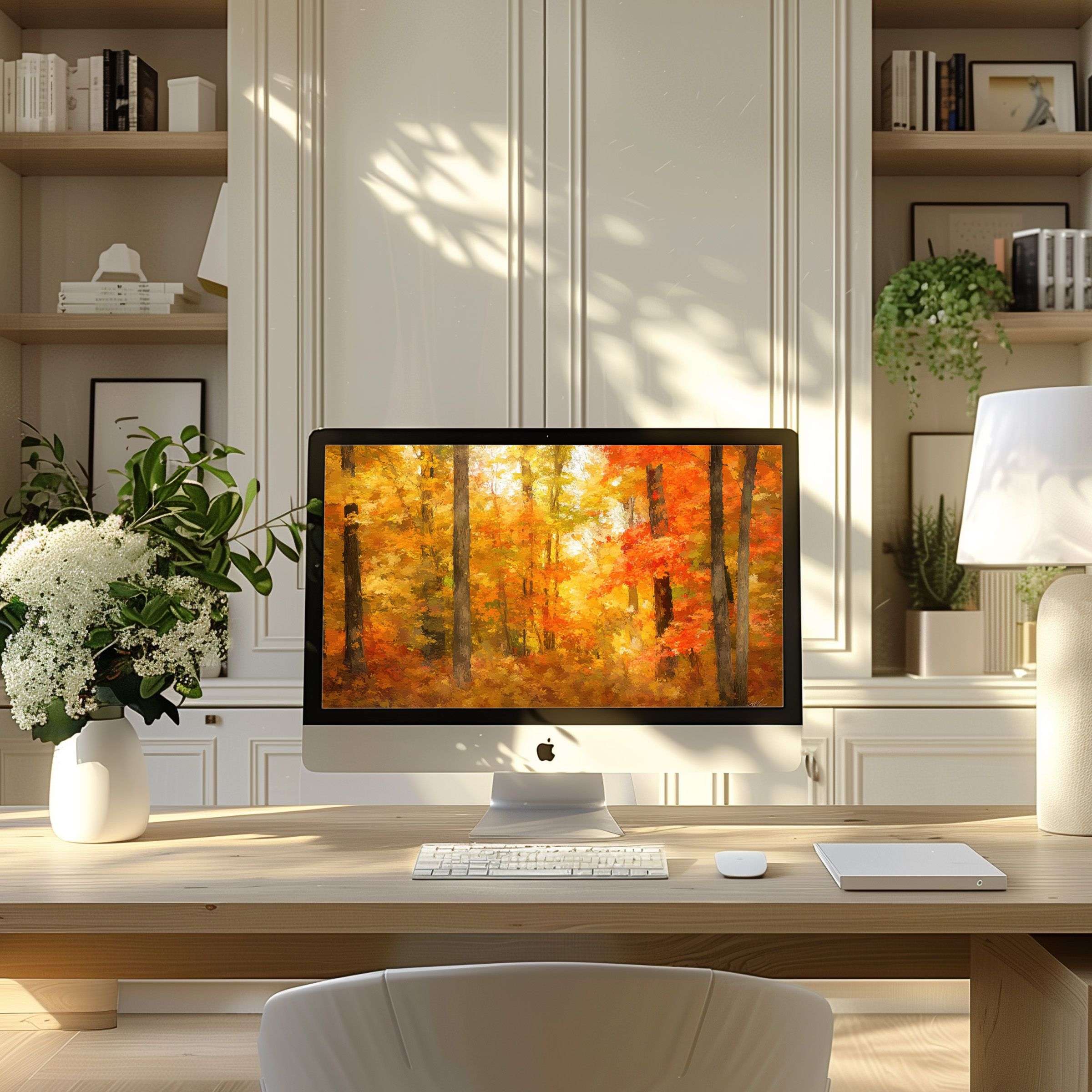 Elegant autumn forest wallpaper for computer on PC or laptop transforms your modern home office with calm inspiration and beauty