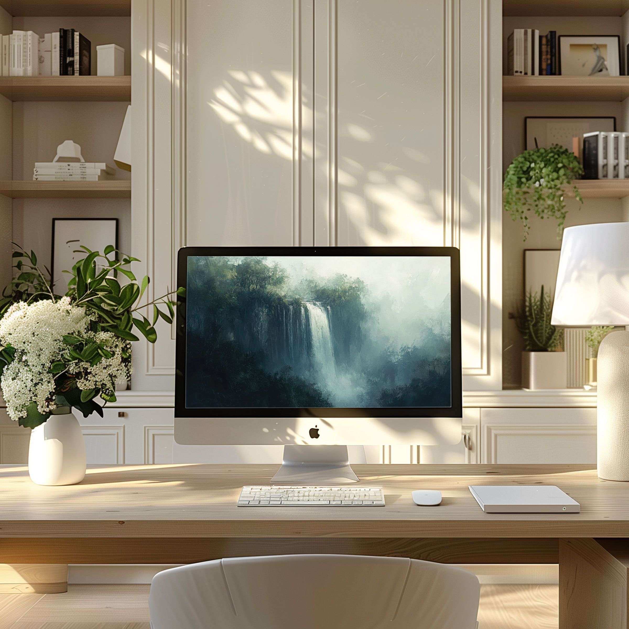 Elegant waterfall artwork as a wallpaper for computer, ideal for PC and laptop, enhancing modern home office with calm inspiration