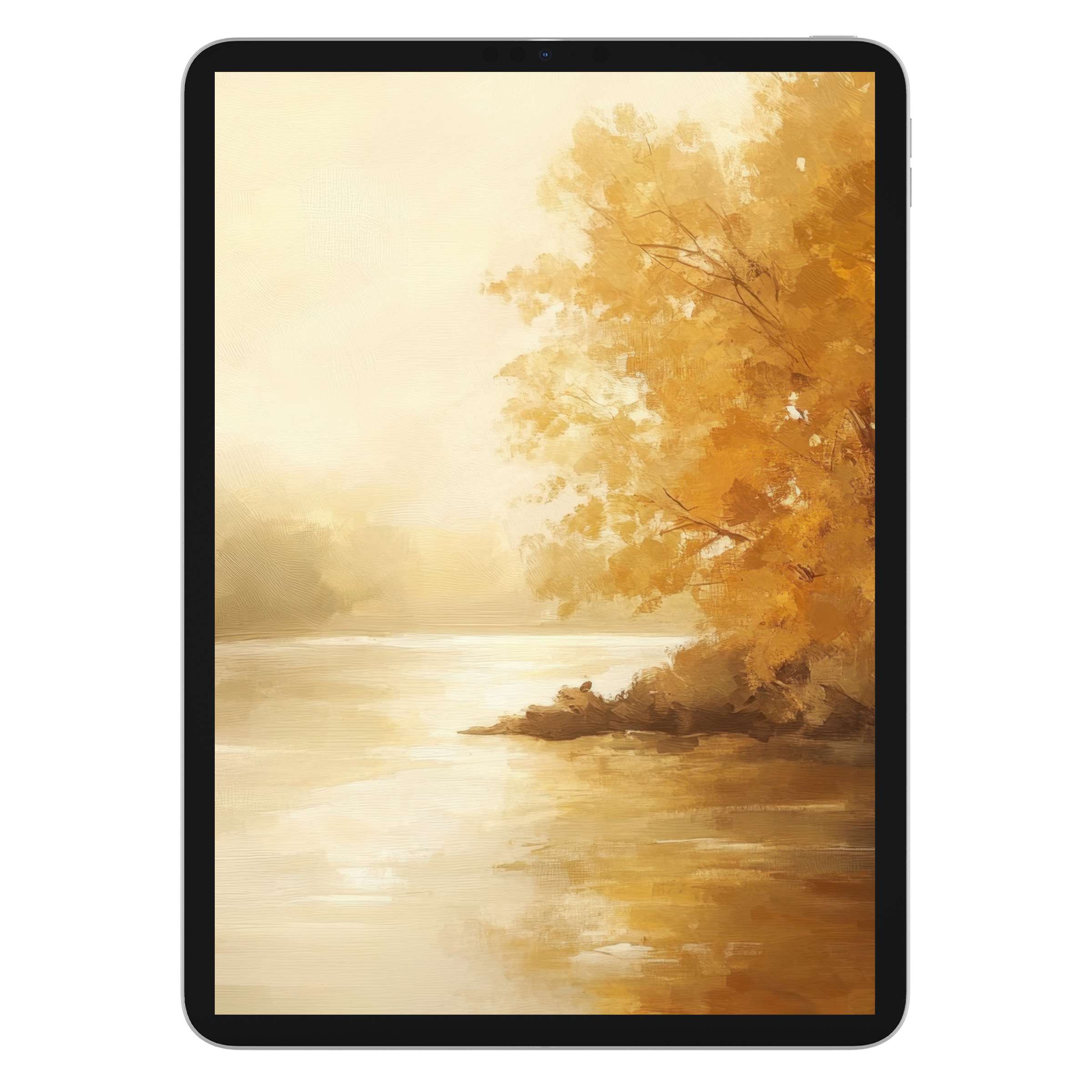 Golden autumn scene digital download sets a serene landscape iPad wallpaper with warm hues, ideal tablet background for tranquility