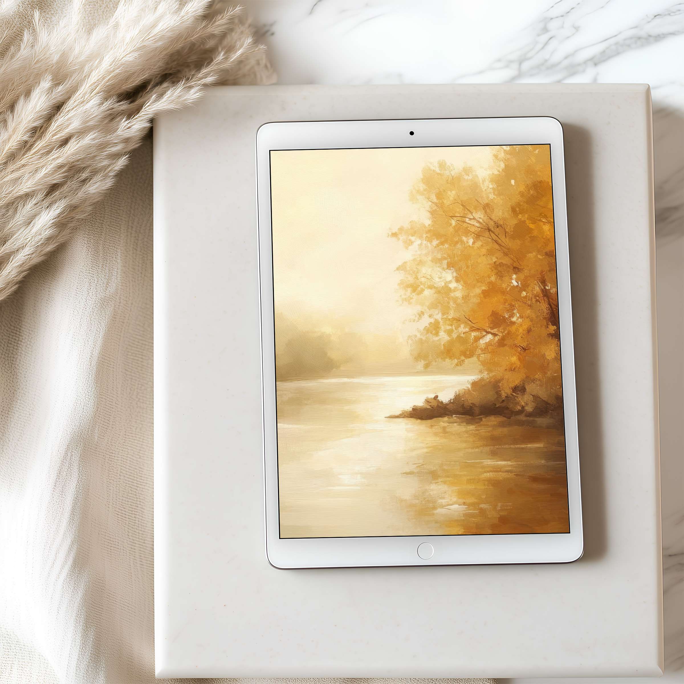 Elegant autumn landscape tablet wallpaper in calming earth tones on iPad, offering a curated digital download for serene spaces