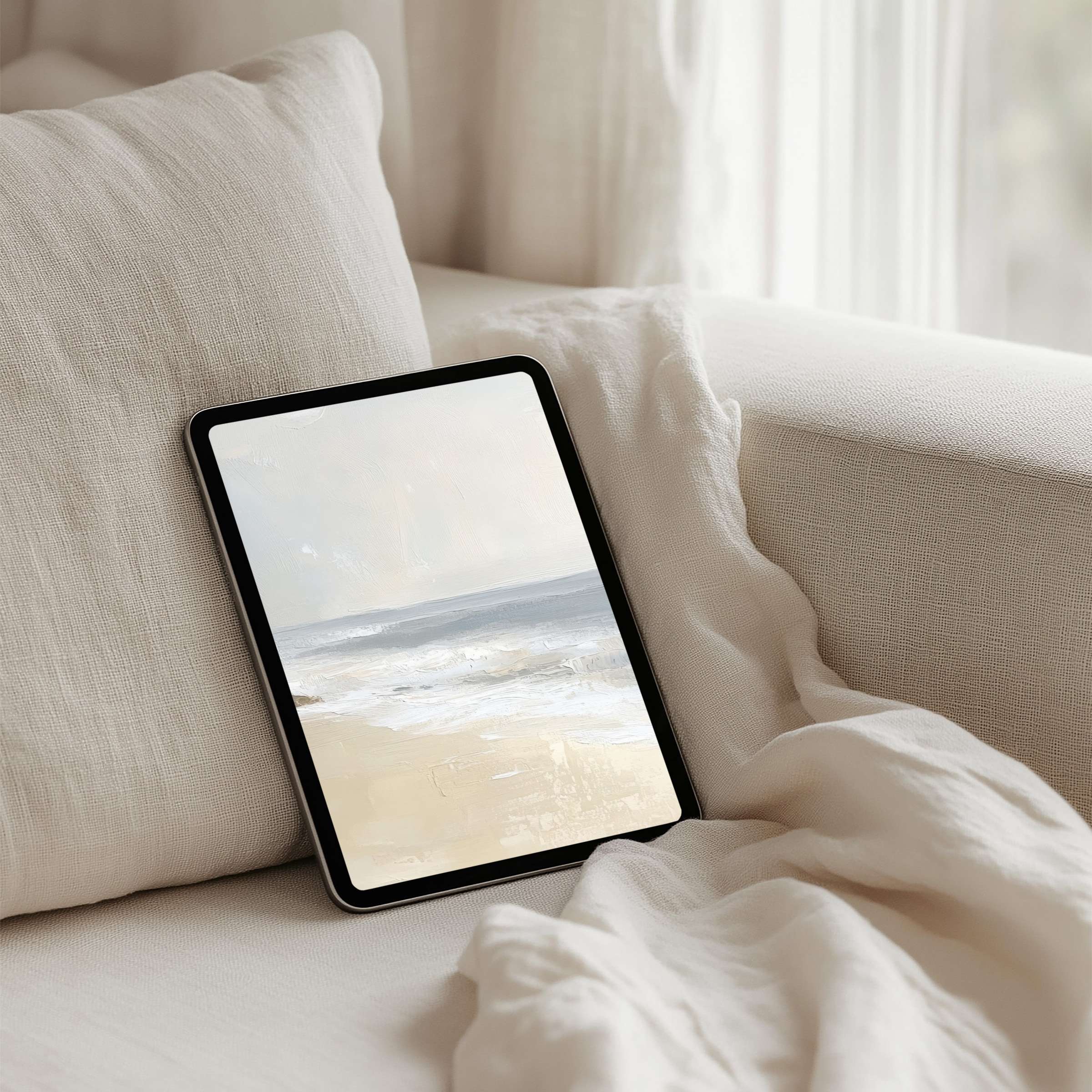 Elegant iPad background with serene beach art inspires calm and mindfulness perfect for tablet instant download and design lovers