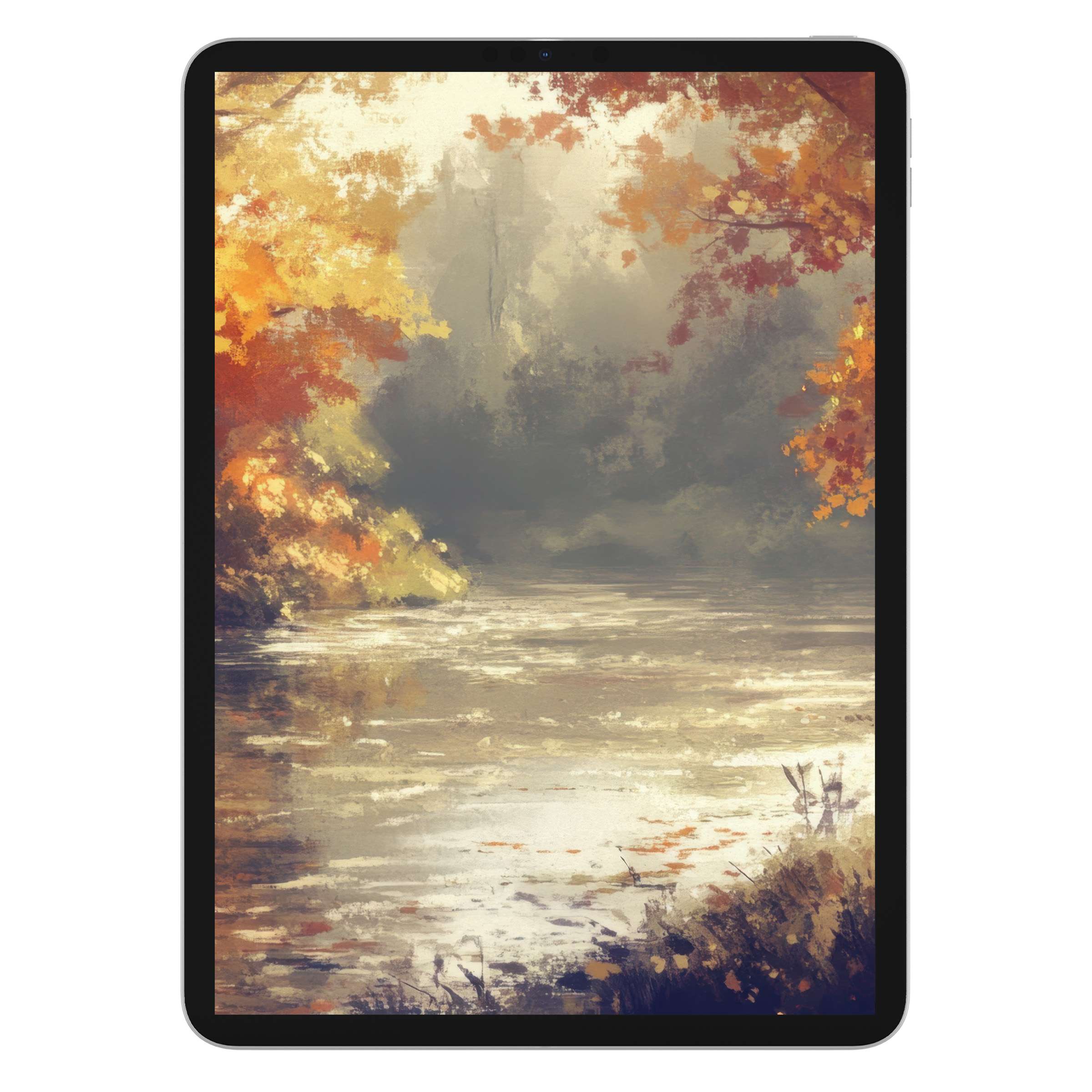 Elegant digital download of an autumn landscape iPad wallpaper; tranquil background featuring soft hues and reflections for tablets