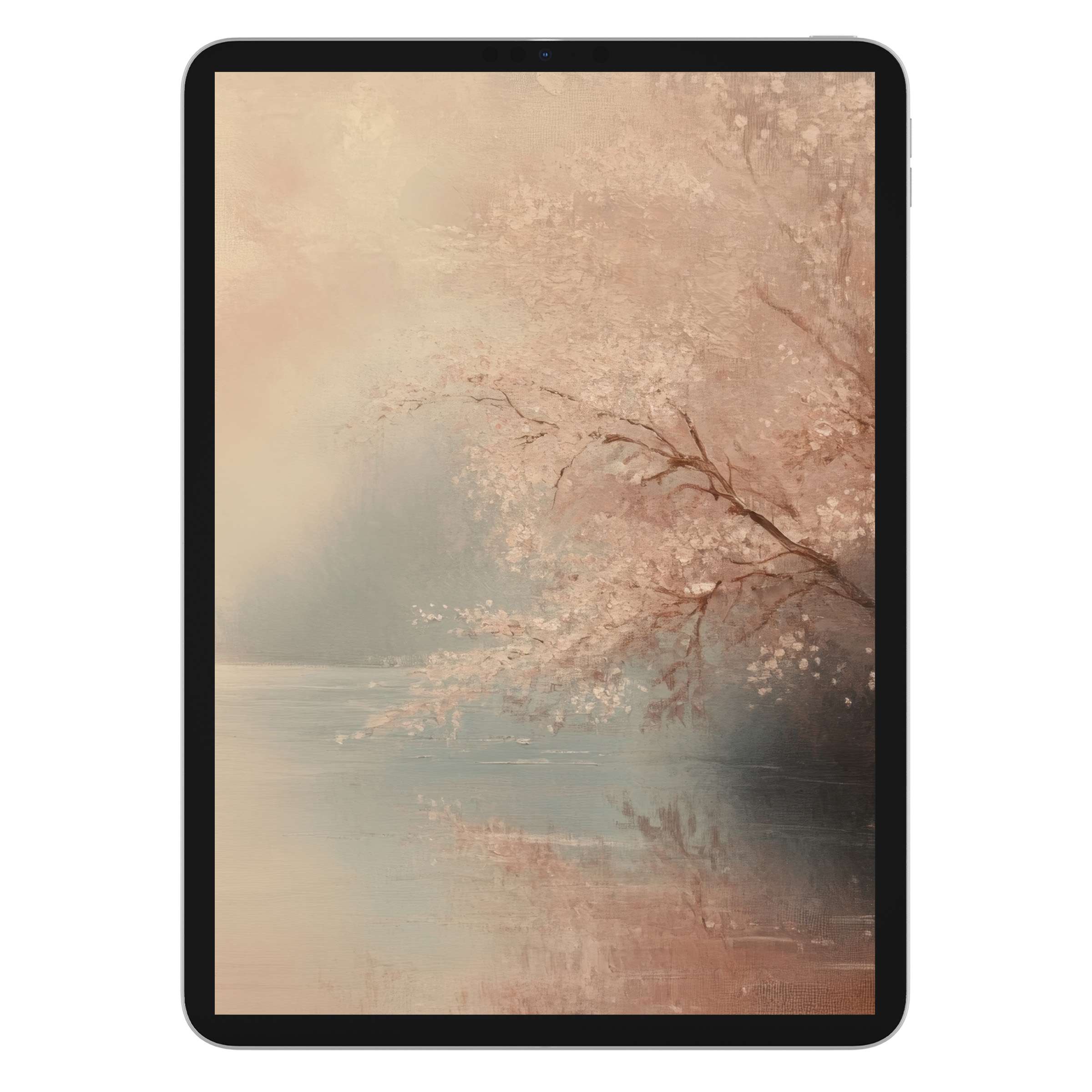 Serene landscape iPad wallpaper with soft pastel hues and water reflection, perfect digital download tablet background for tranquility