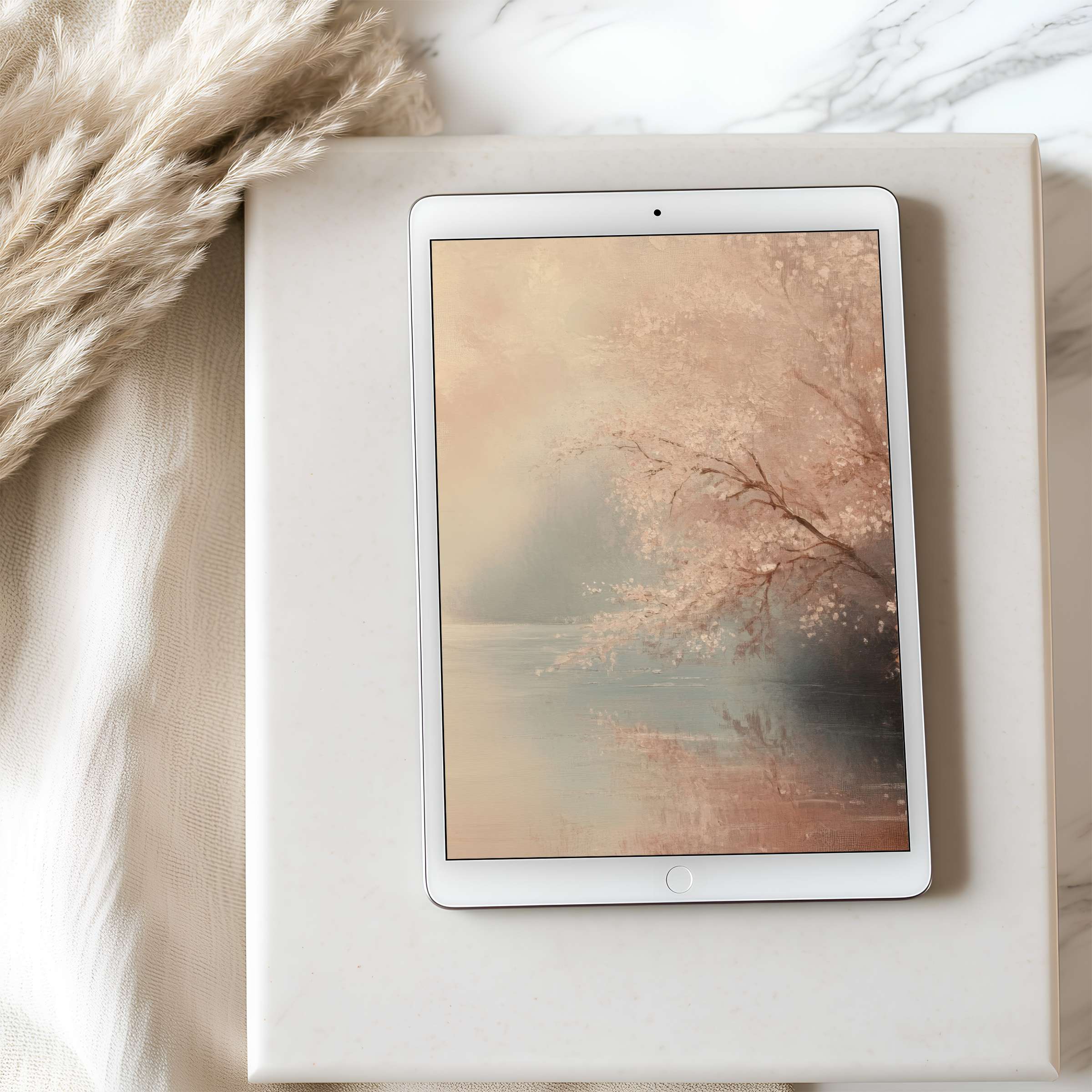 Calming tablet wallpaper featuring serene pastel landscape, ideal for iPad and Android tablets, offered as a curated digital download