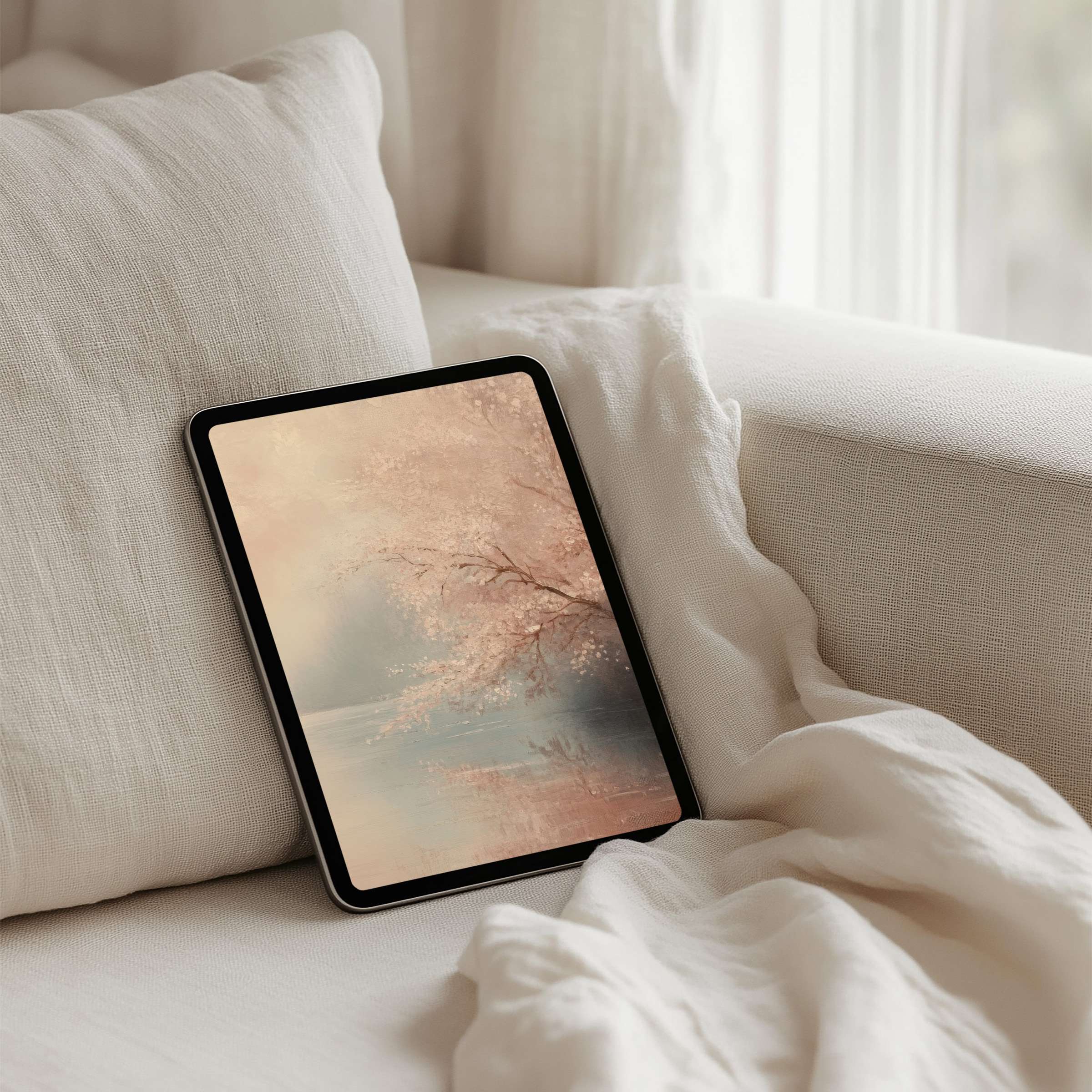 Soft pastel cherry blossoms create a serene iPad background for instant download on any tablet, promoting calm and elegance