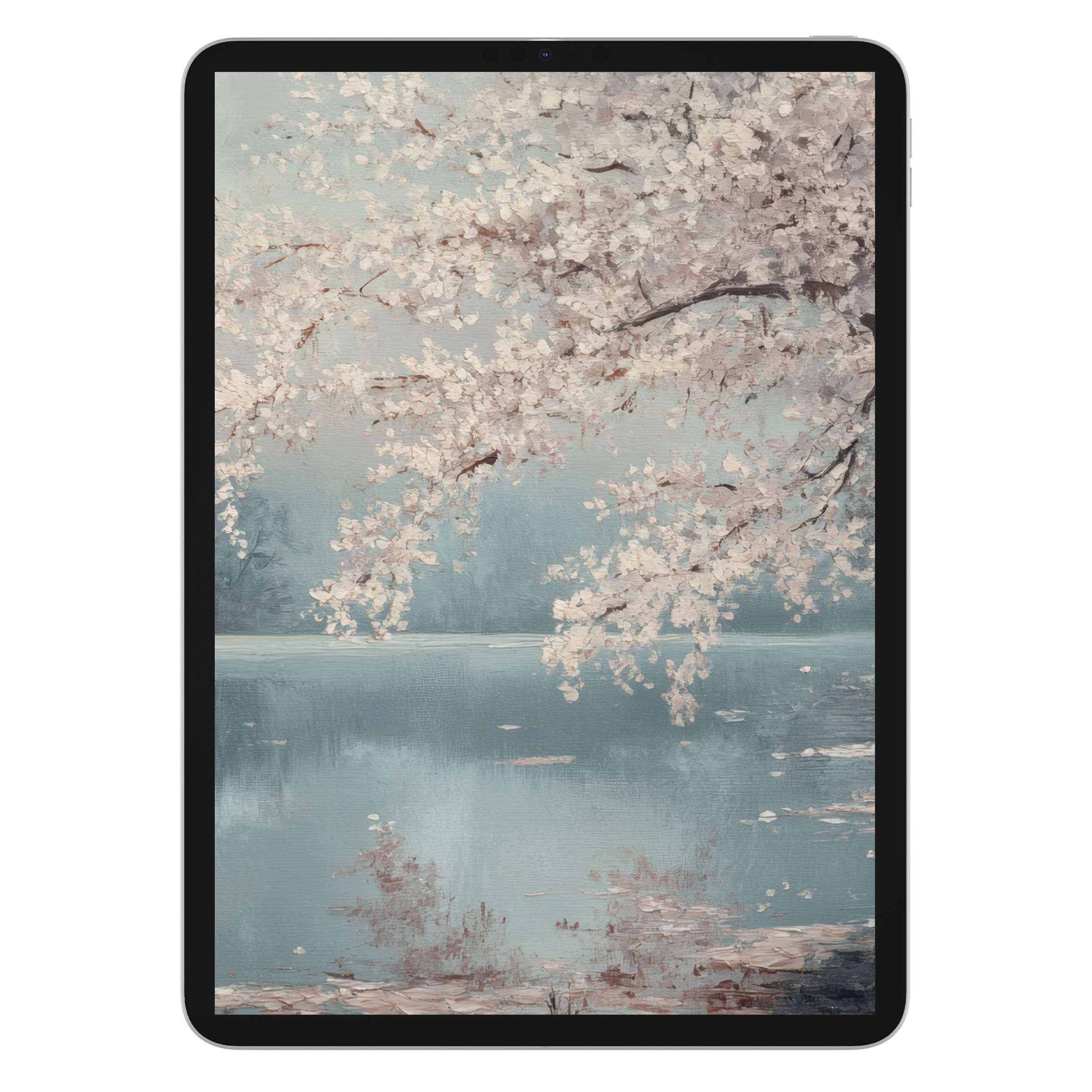 Elegant landscape iPad wallpaper with serene blossoms reflecting on water, perfect digital download background for any tablet device