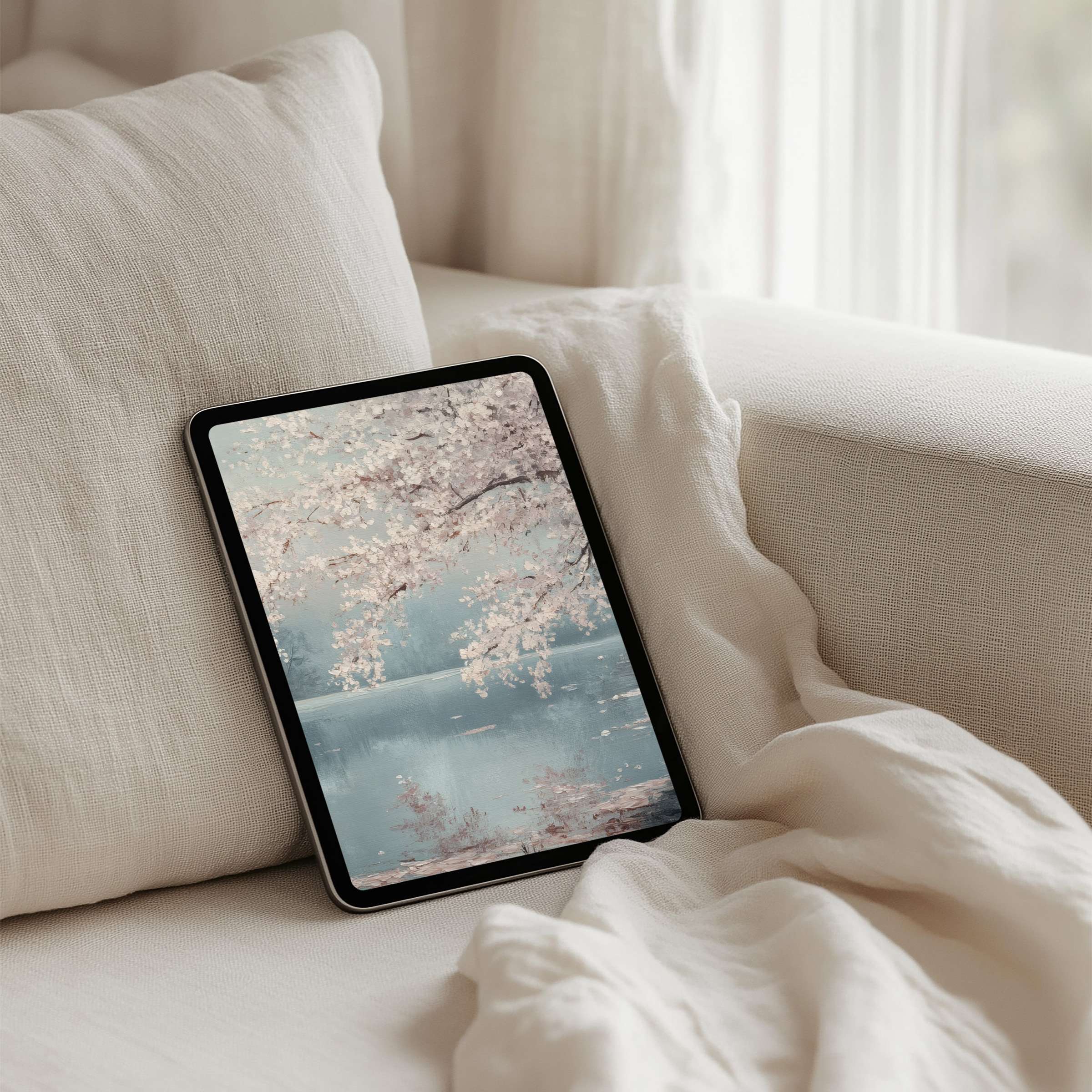 Serene cherry blossom art iPad background for instant download offers calm elegance, fits any tablet like Samsung or Android
