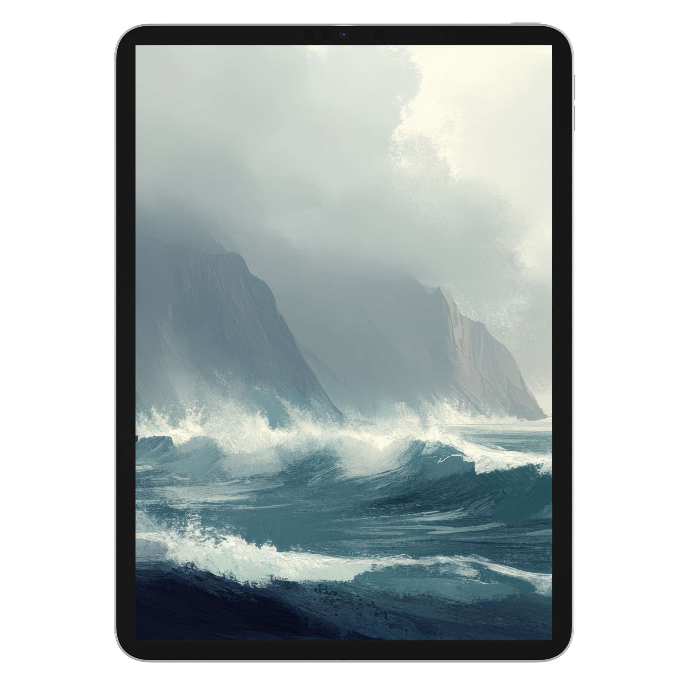 Elegant landscape iPad wallpaper featuring dynamic ocean waves against misty cliffs, perfect digital download for tablet background ambiance