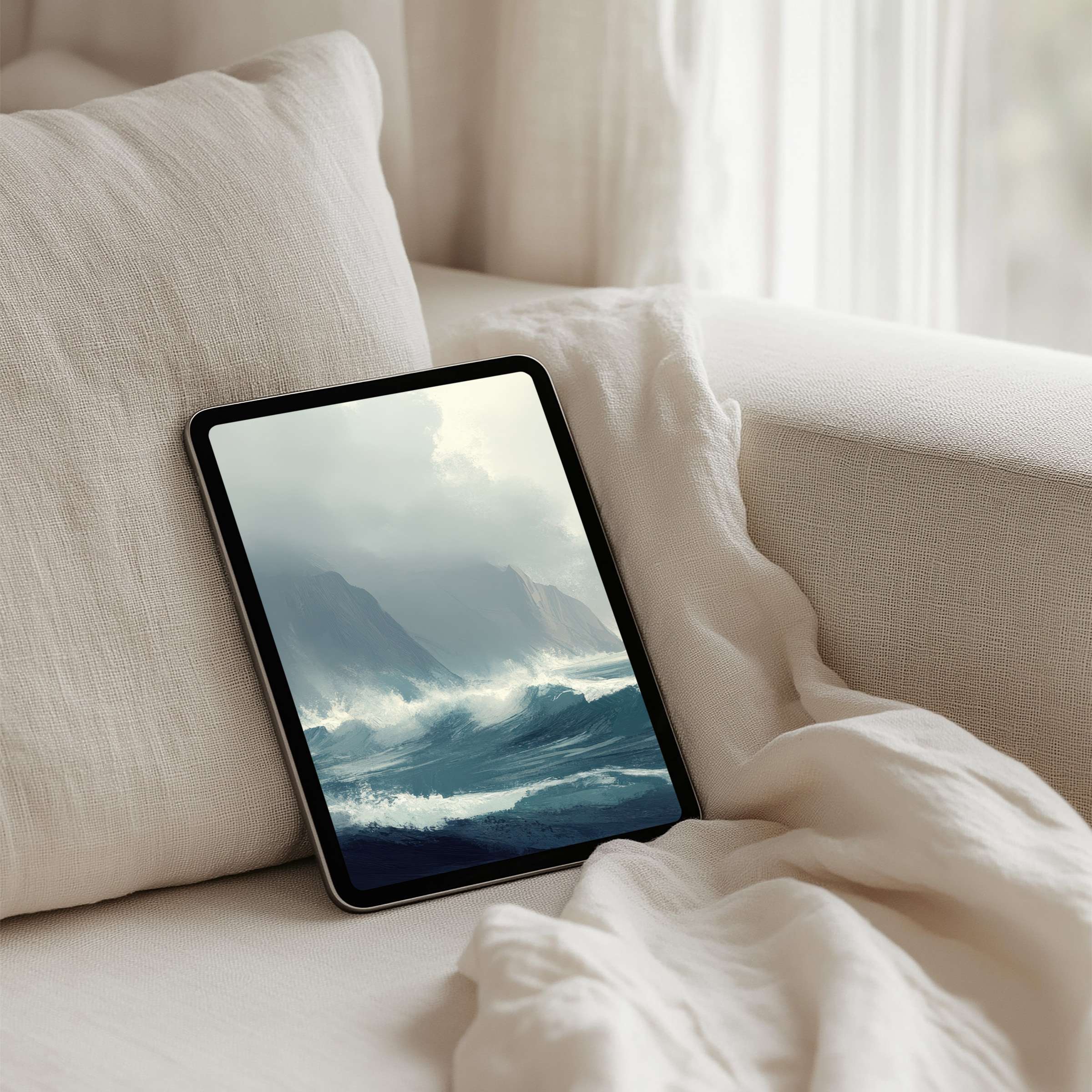 Elegant coastal waves iPad background for instant download evokes calm mindfulness fits Samsung and Android tablets effortlessly