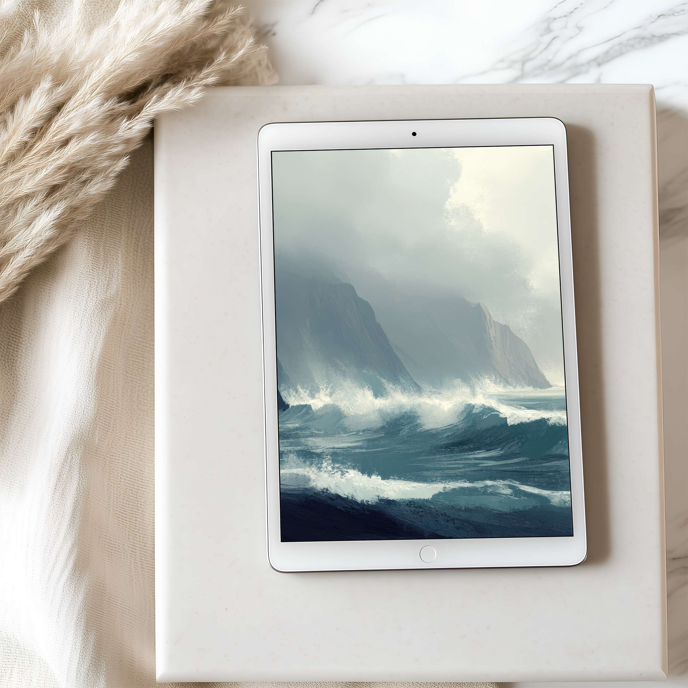 Serene ocean waves on tablet wallpaper evoke calm and elegance, perfect for high-resolution iPad or Android, available for digital download