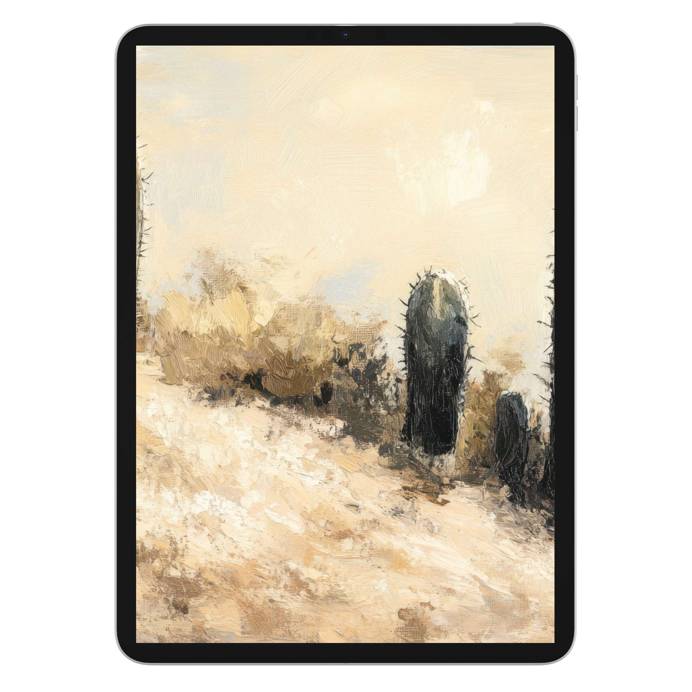 Serene desert landscape iPad wallpaper with earthy tones and cacti, perfect tablet background offering calm digital download elegance